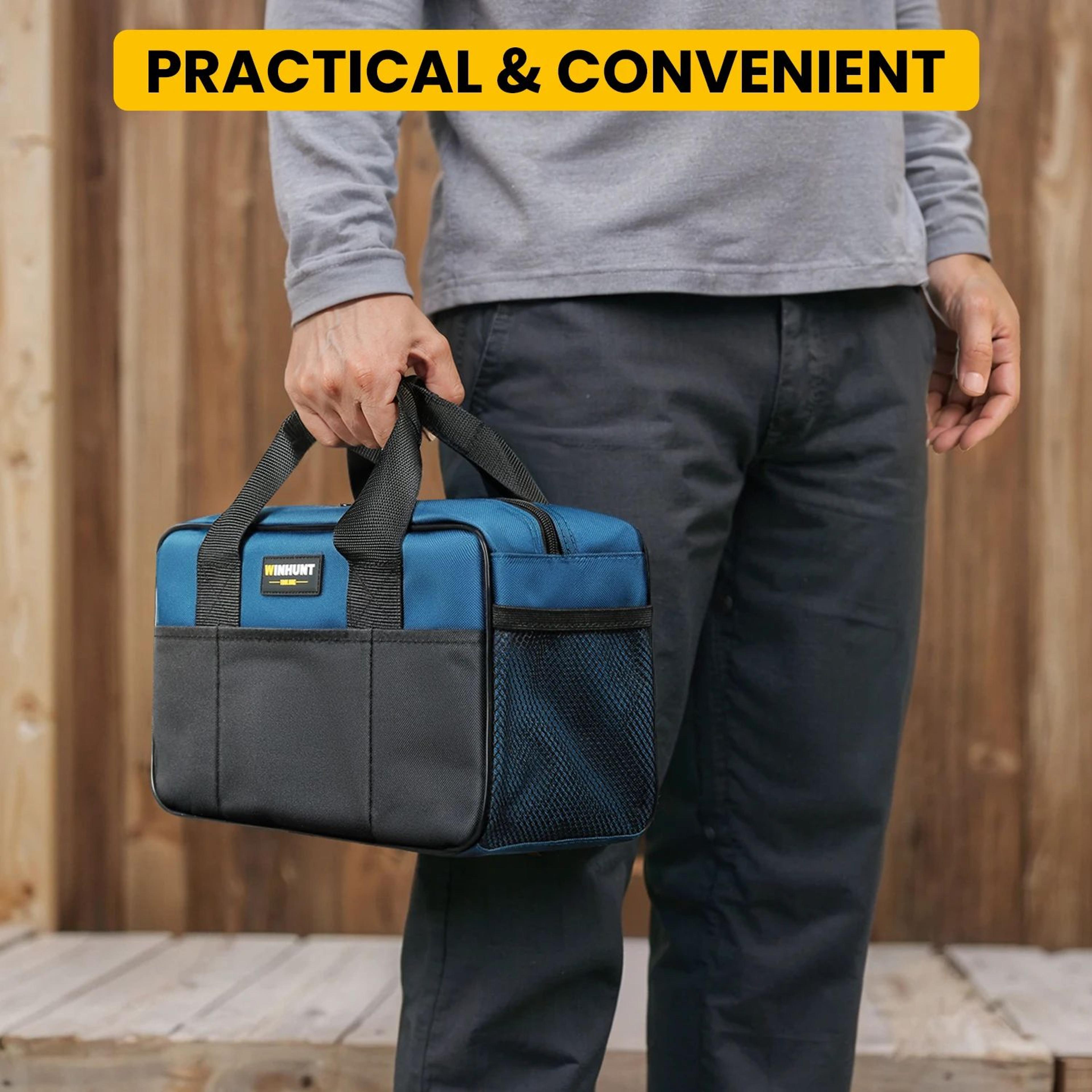 14 inch heavy duty tool tote bag with wide mouth and multiple pockets