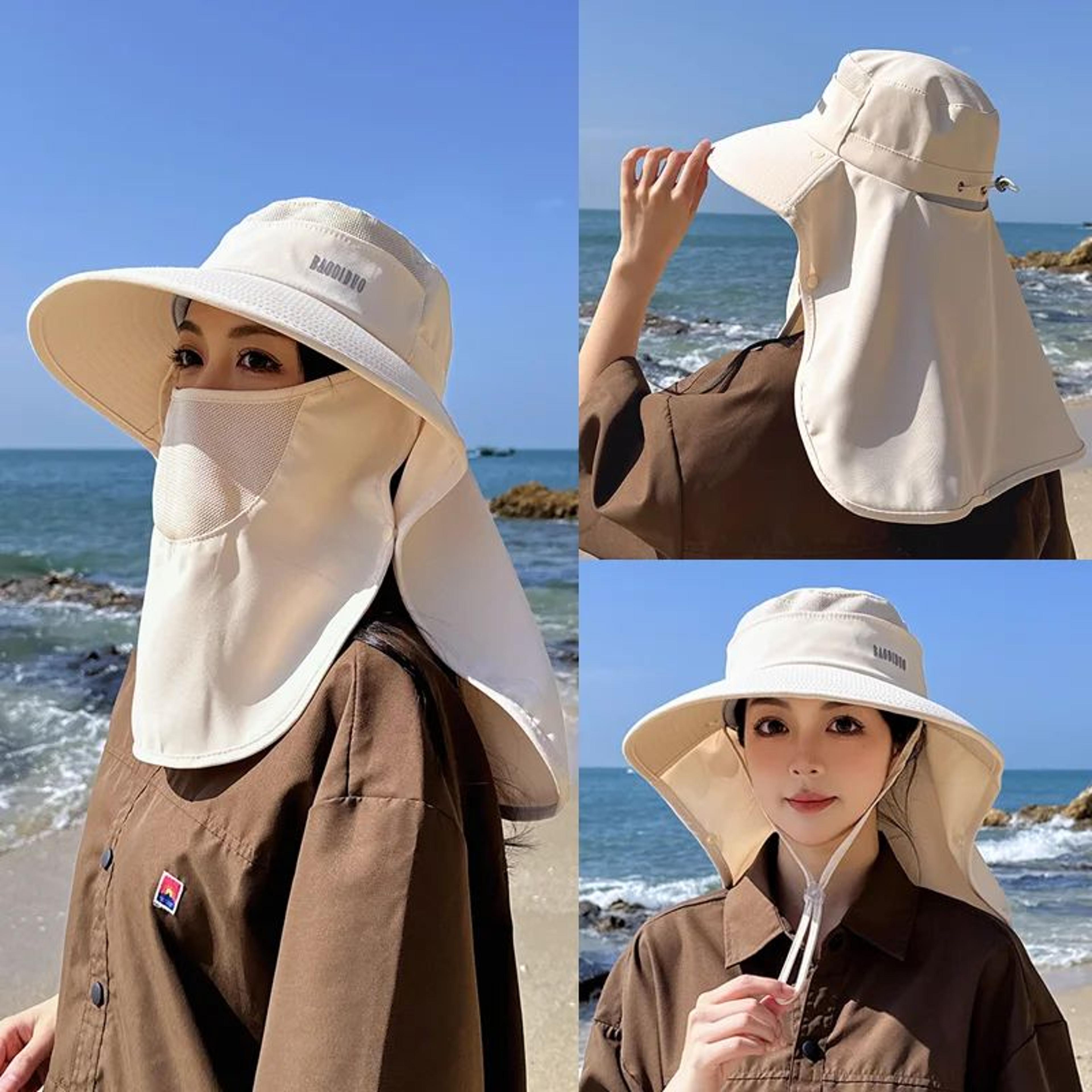 kids wide brim sun hat with face cover and ponytail hole