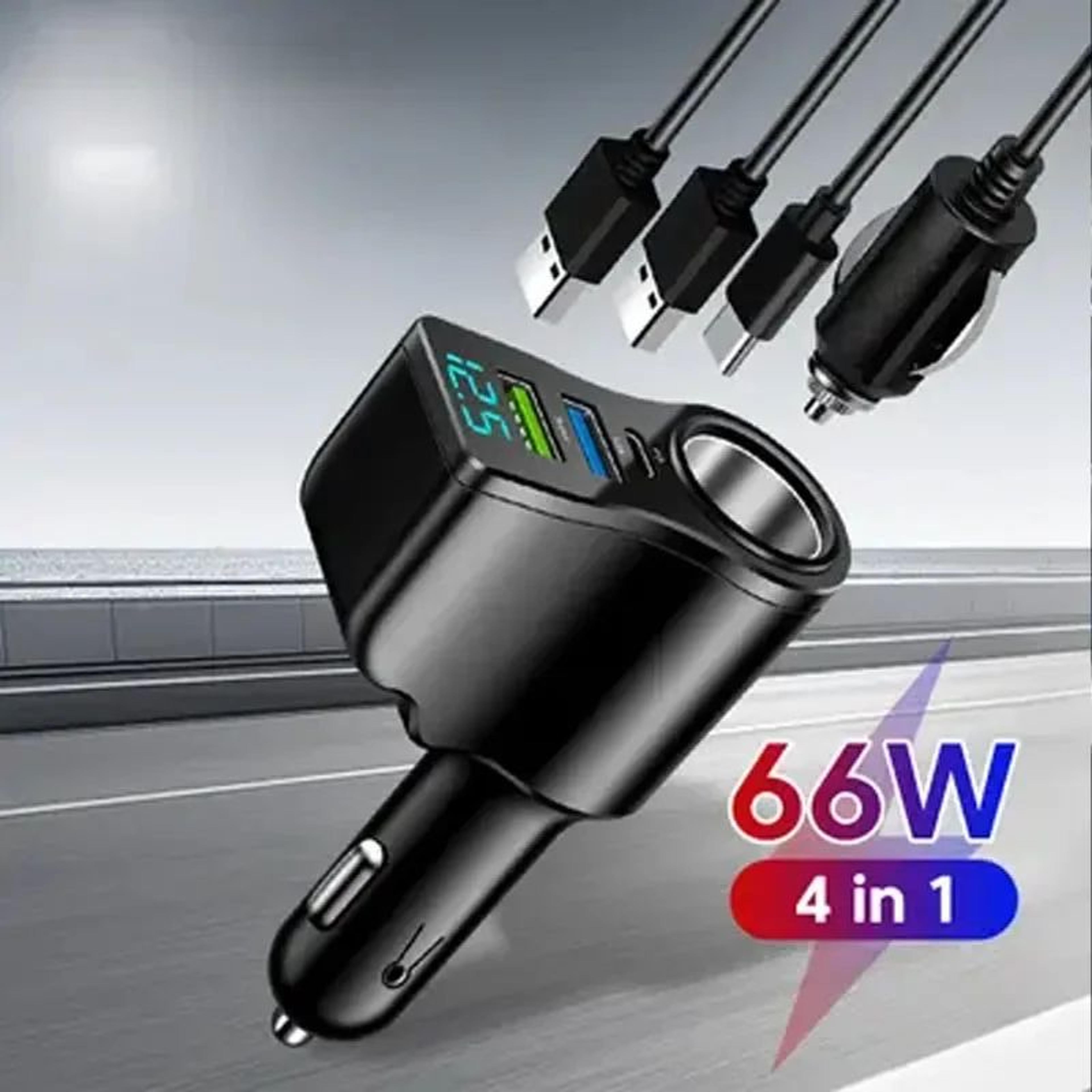 66w fast car charger with dual usb and triple socket splitter
