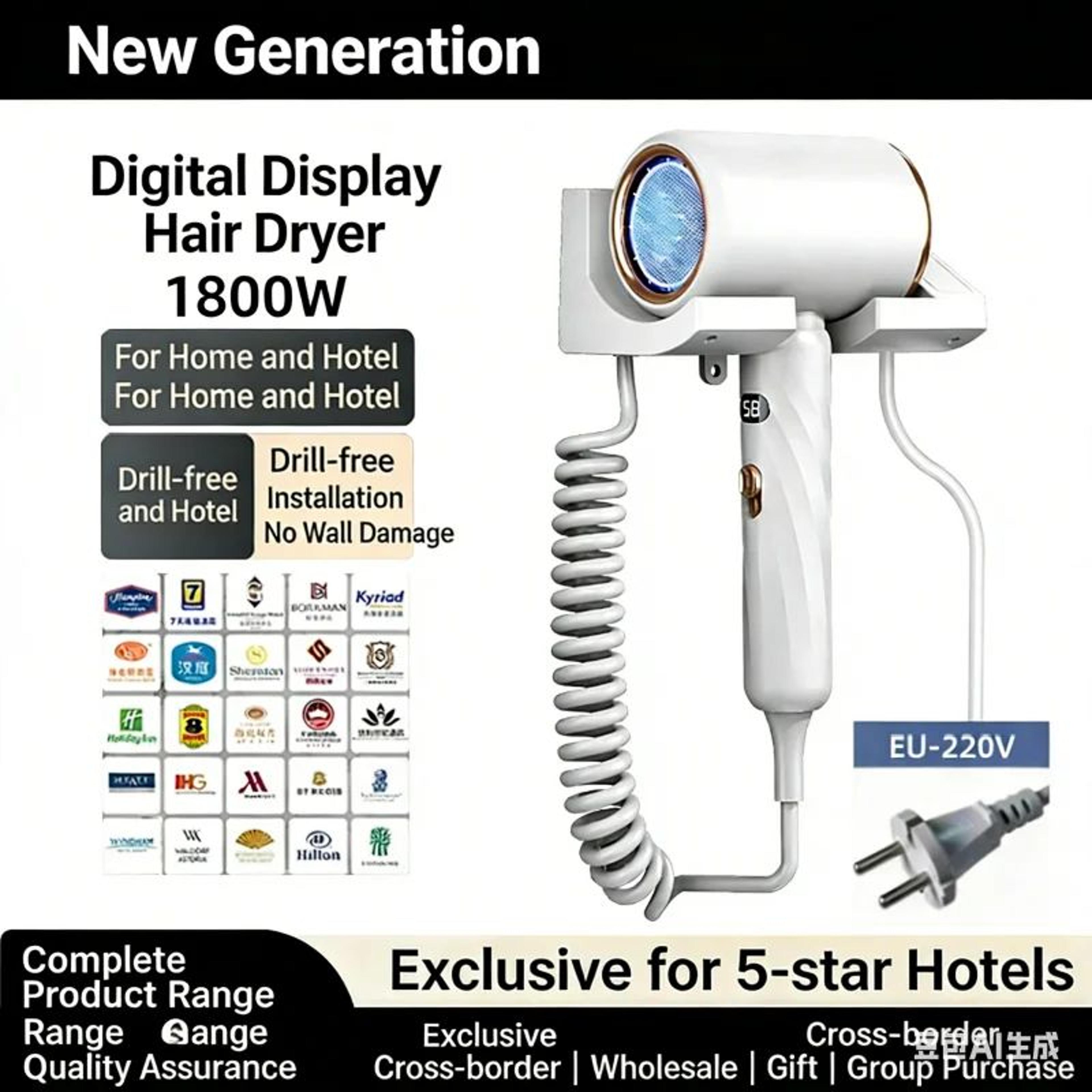 1800w wall mounted hair dryer with led display