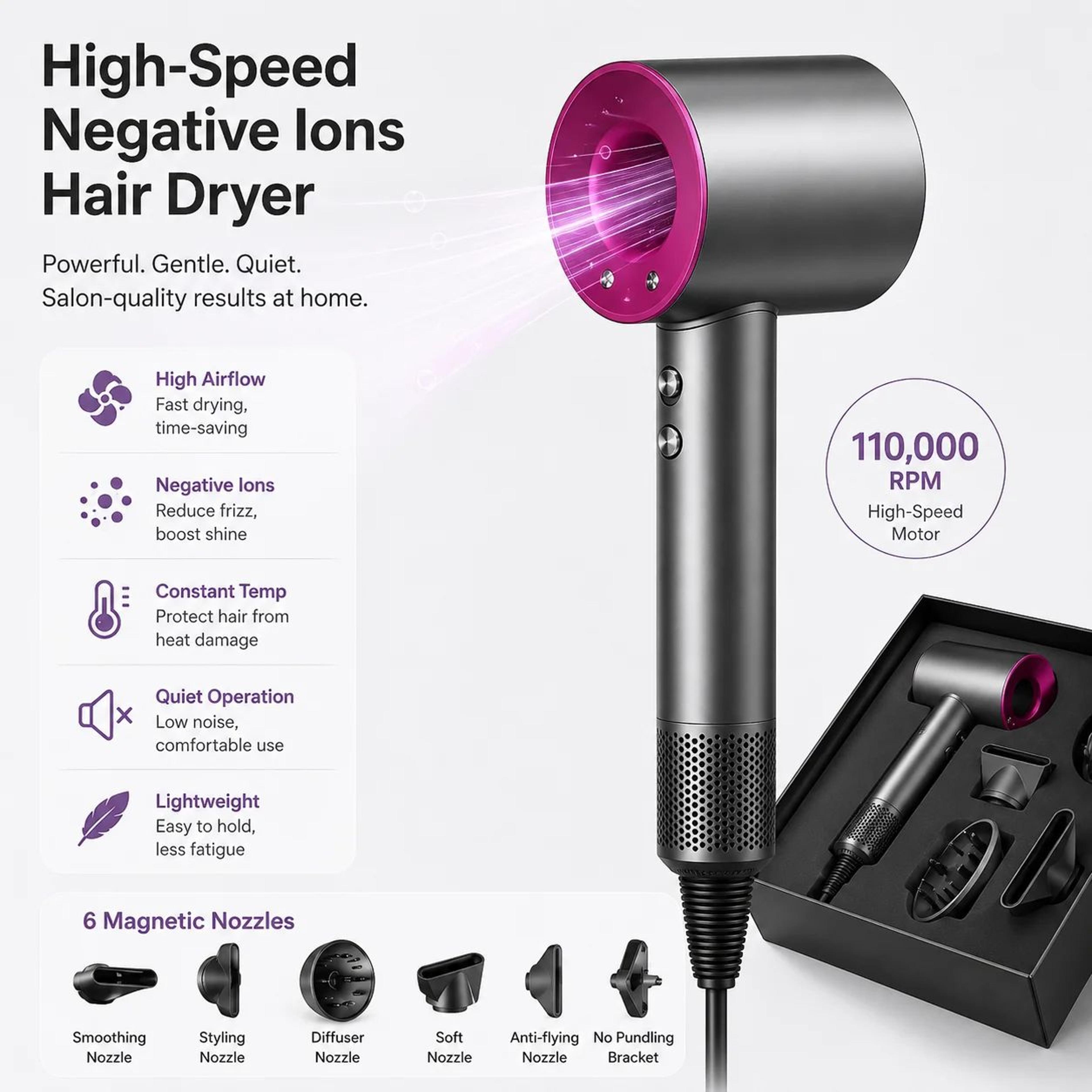 high speed negative ion hair dryer with multi nozzles