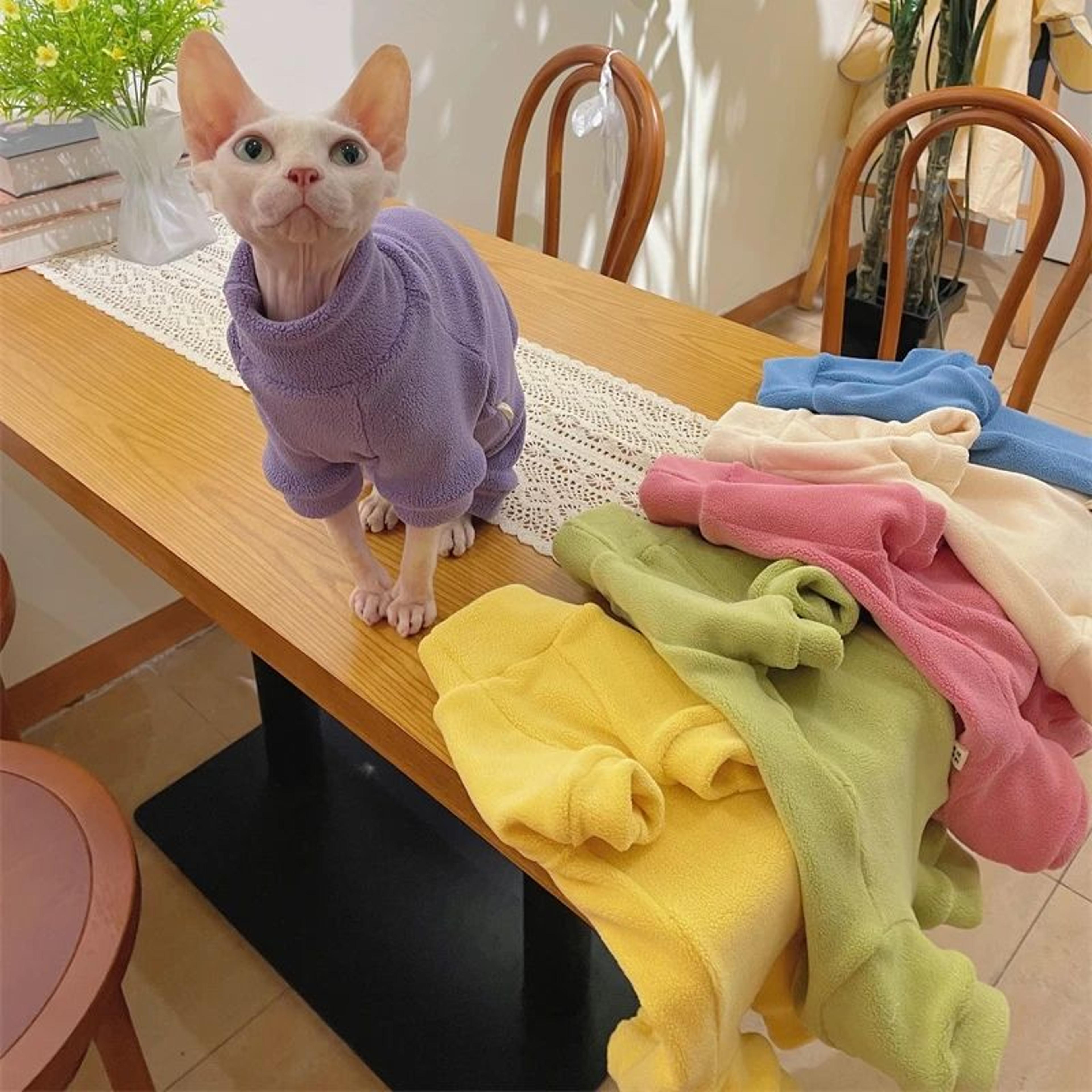 warm fleece 4 leg sphynx cat jumpsuit for hairless cats