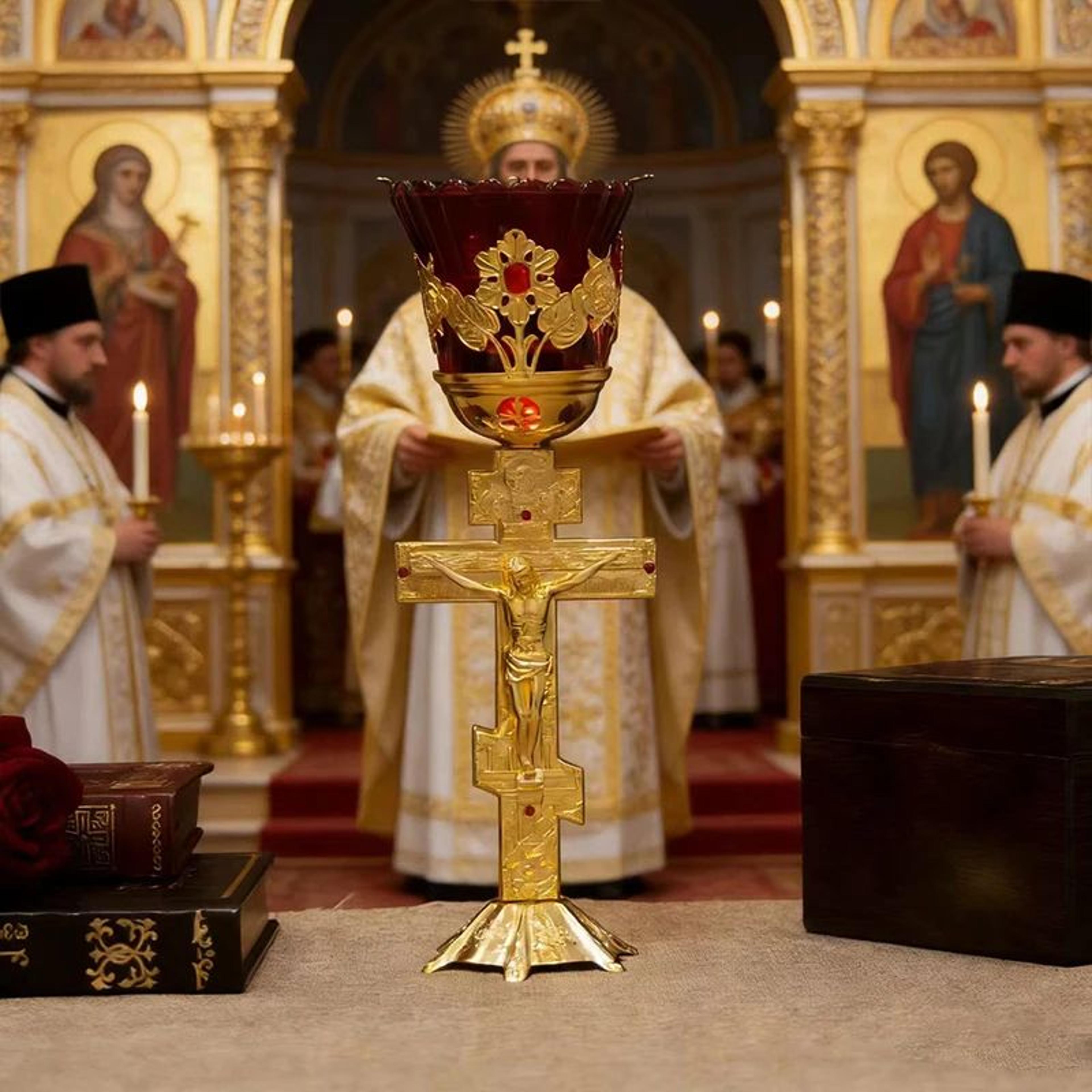gold plated orthodox standing cross vigil lamp with red glass shade
