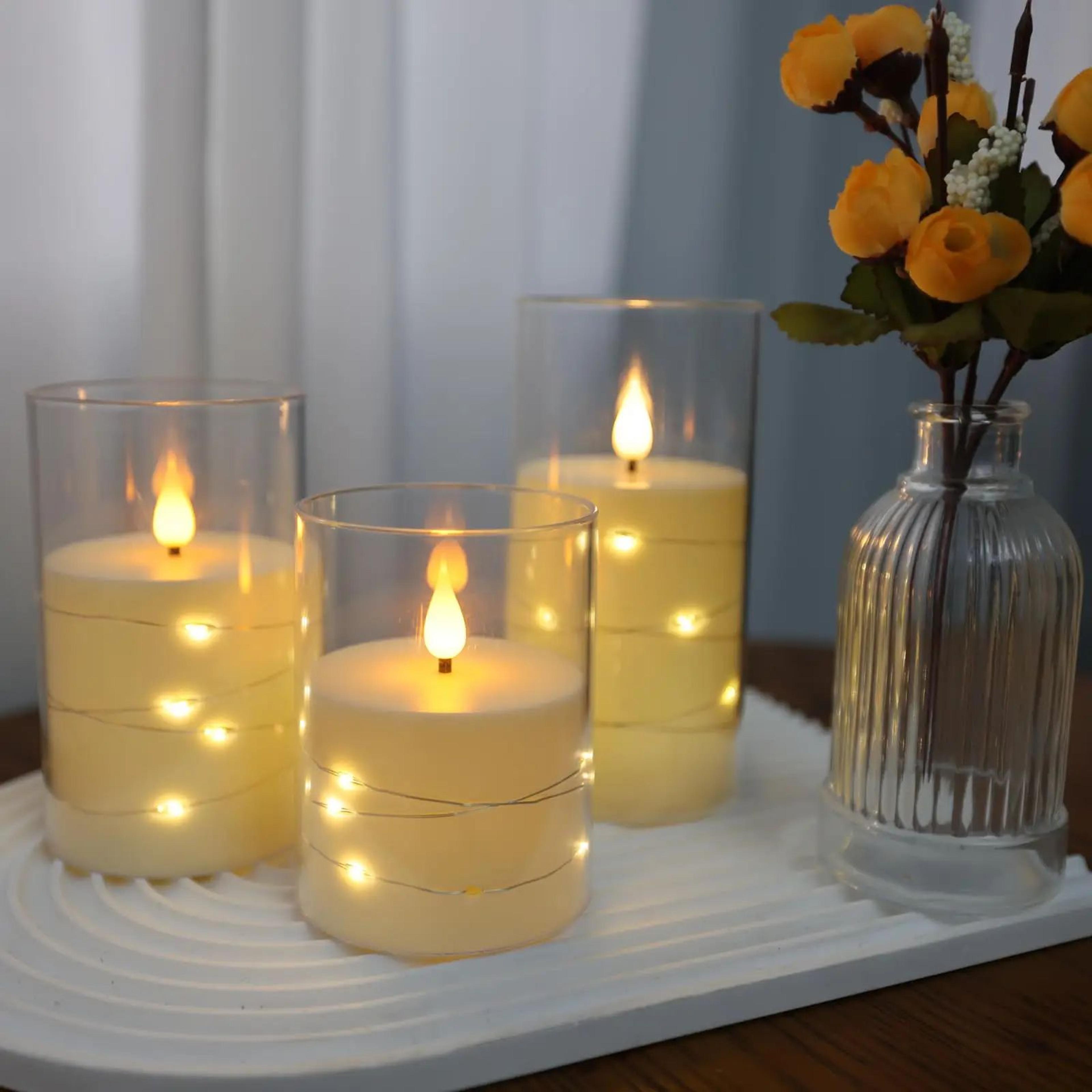 led flameless candle with fairy string lights for romantic home decor
