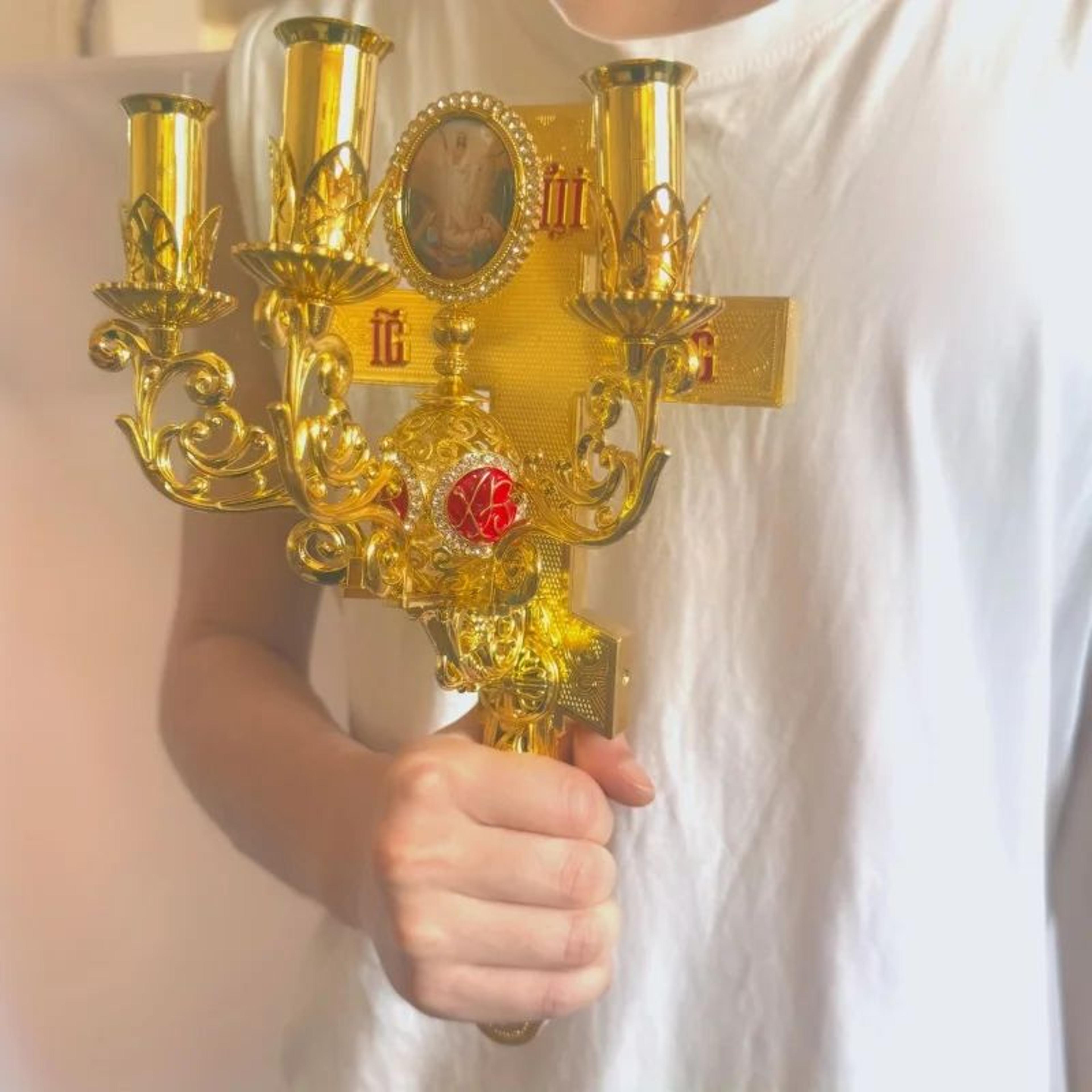 gold plated orthodox blessing cross with three candle holder