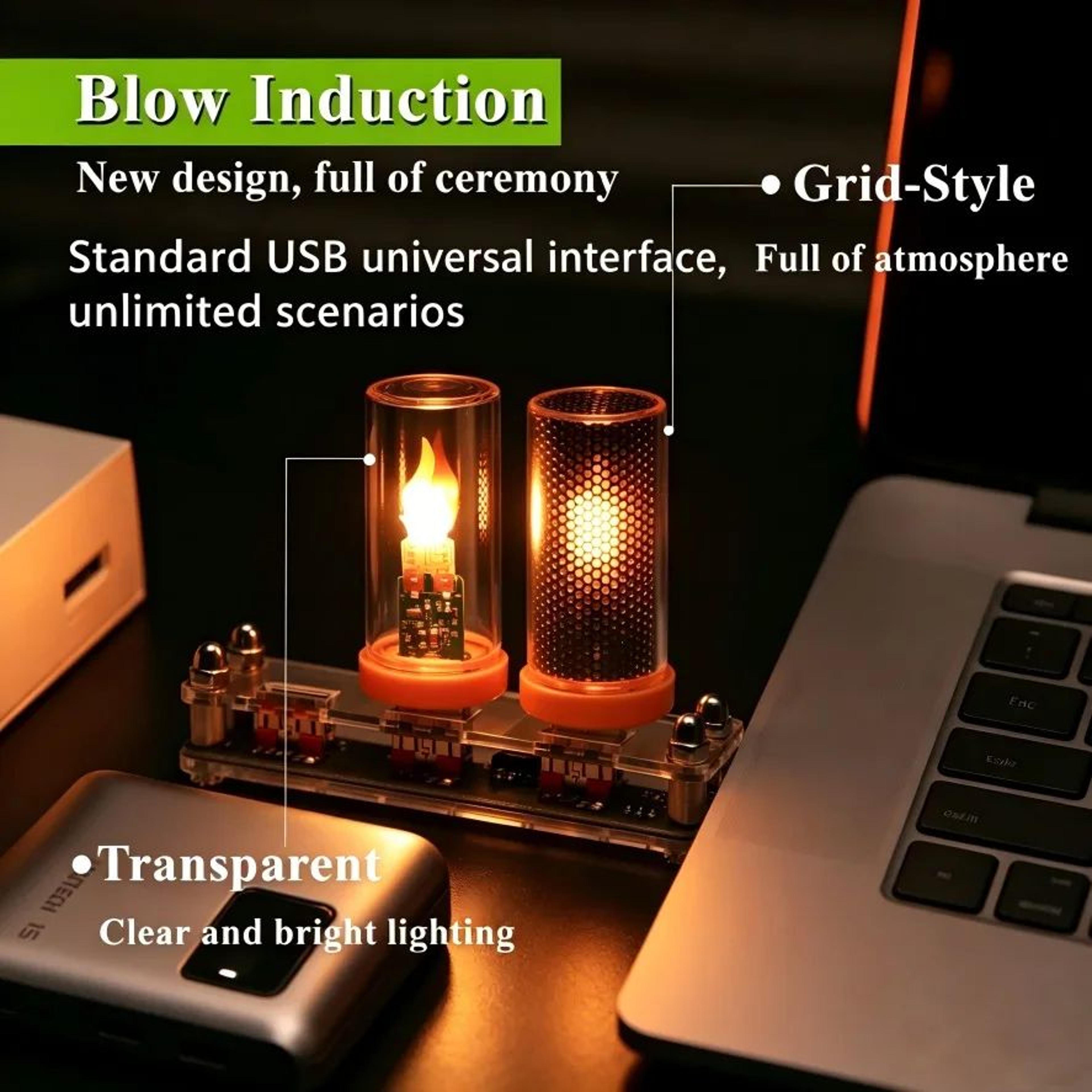 usb led flame glass night light with blow control