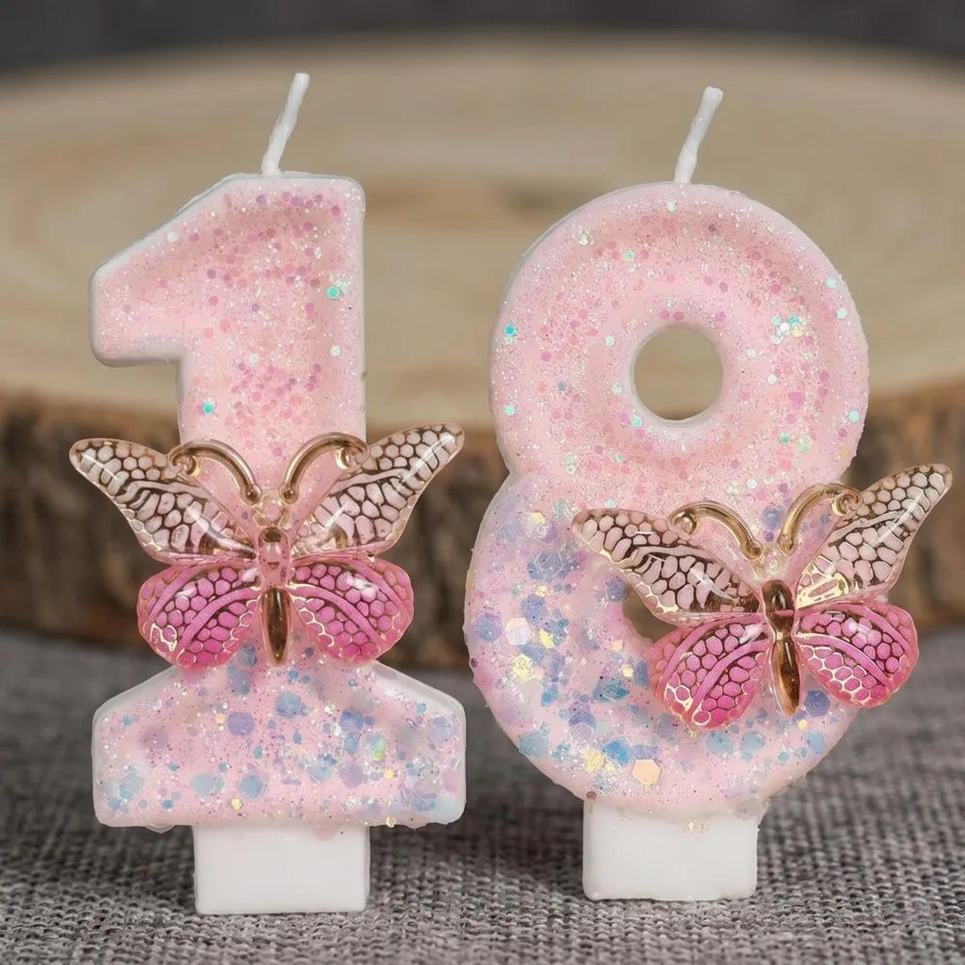 butterfly number birthday cake candle pink and white