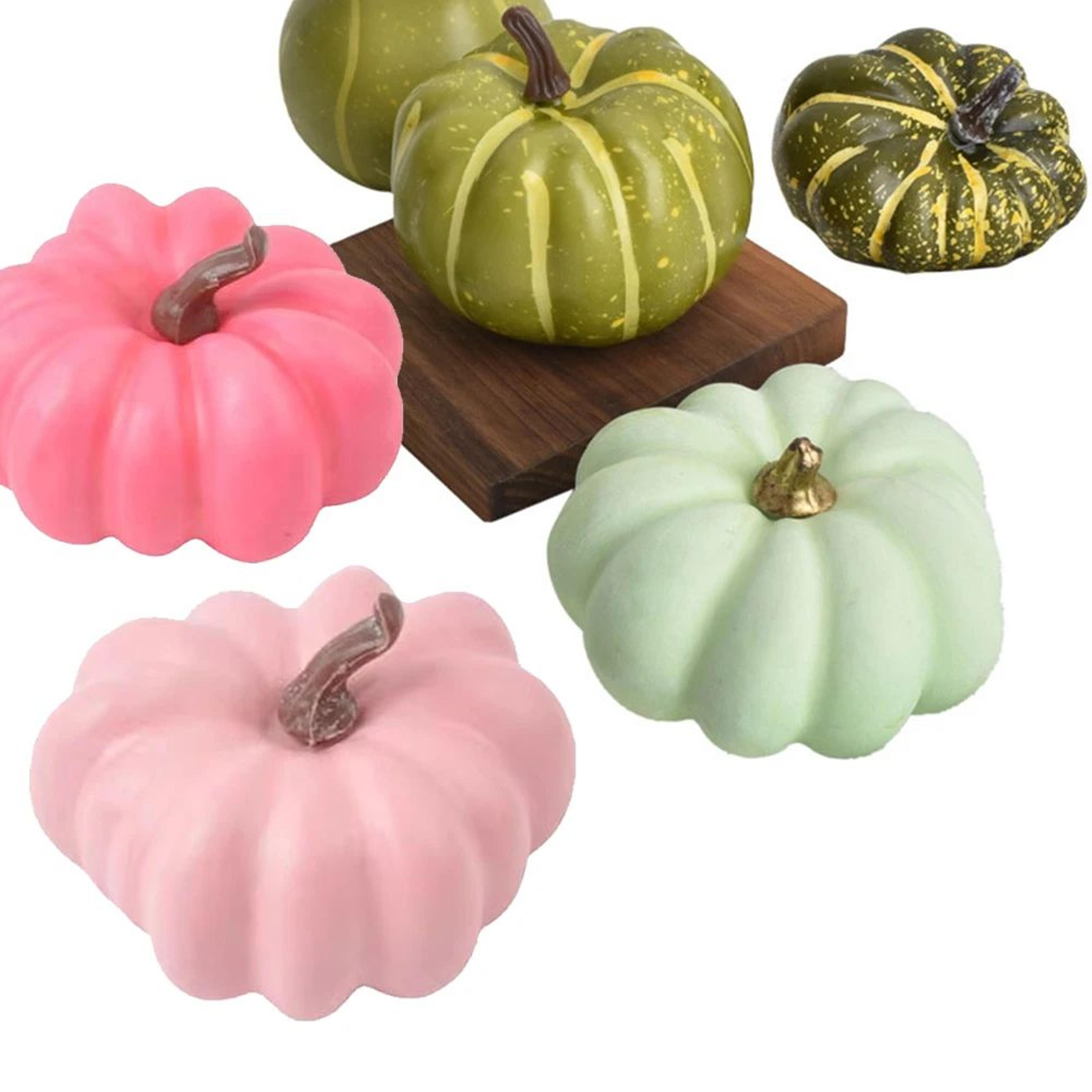 pink and green decorative foam pumpkins for fall and halloween