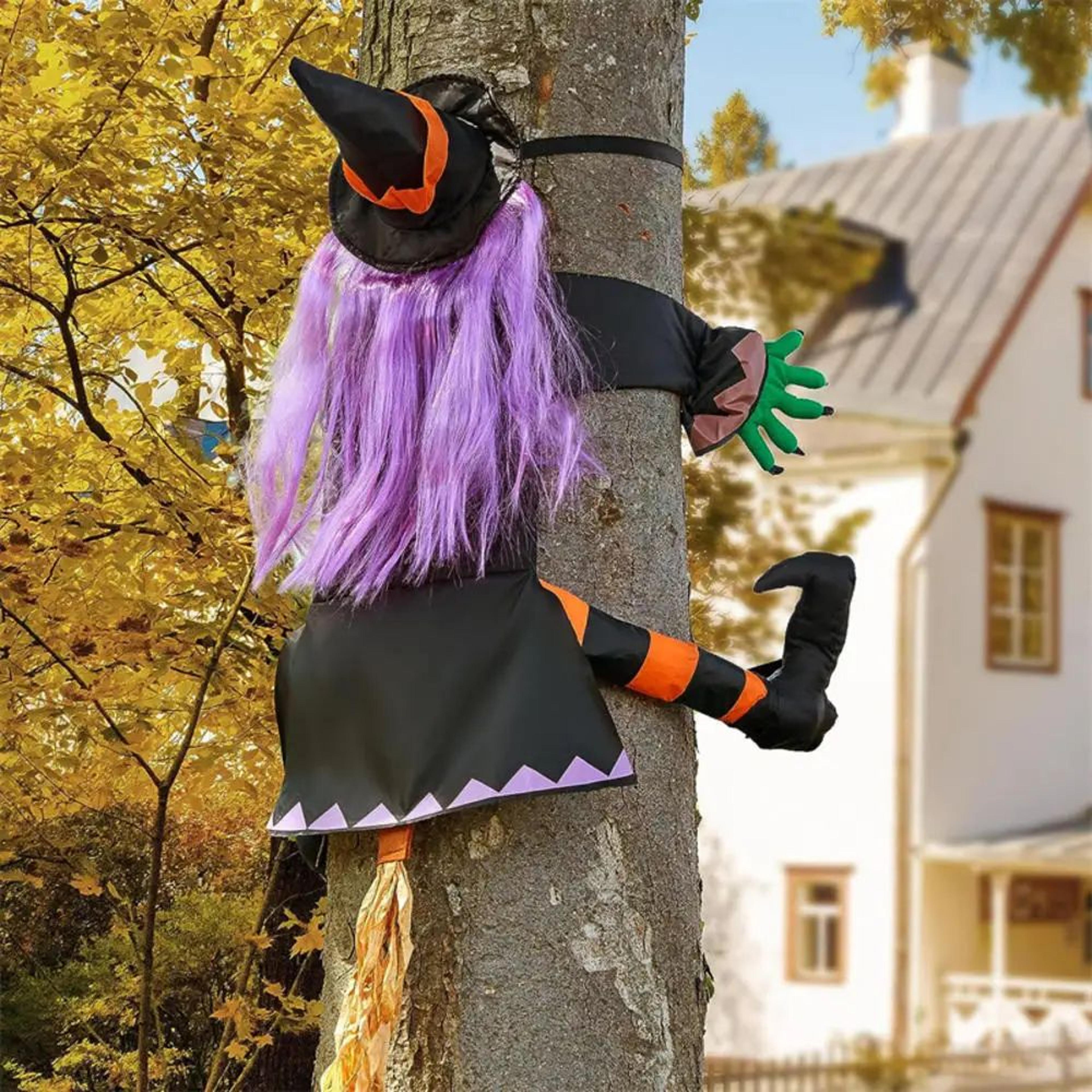 halloween crashing witch tree hanging outdoor decoration
