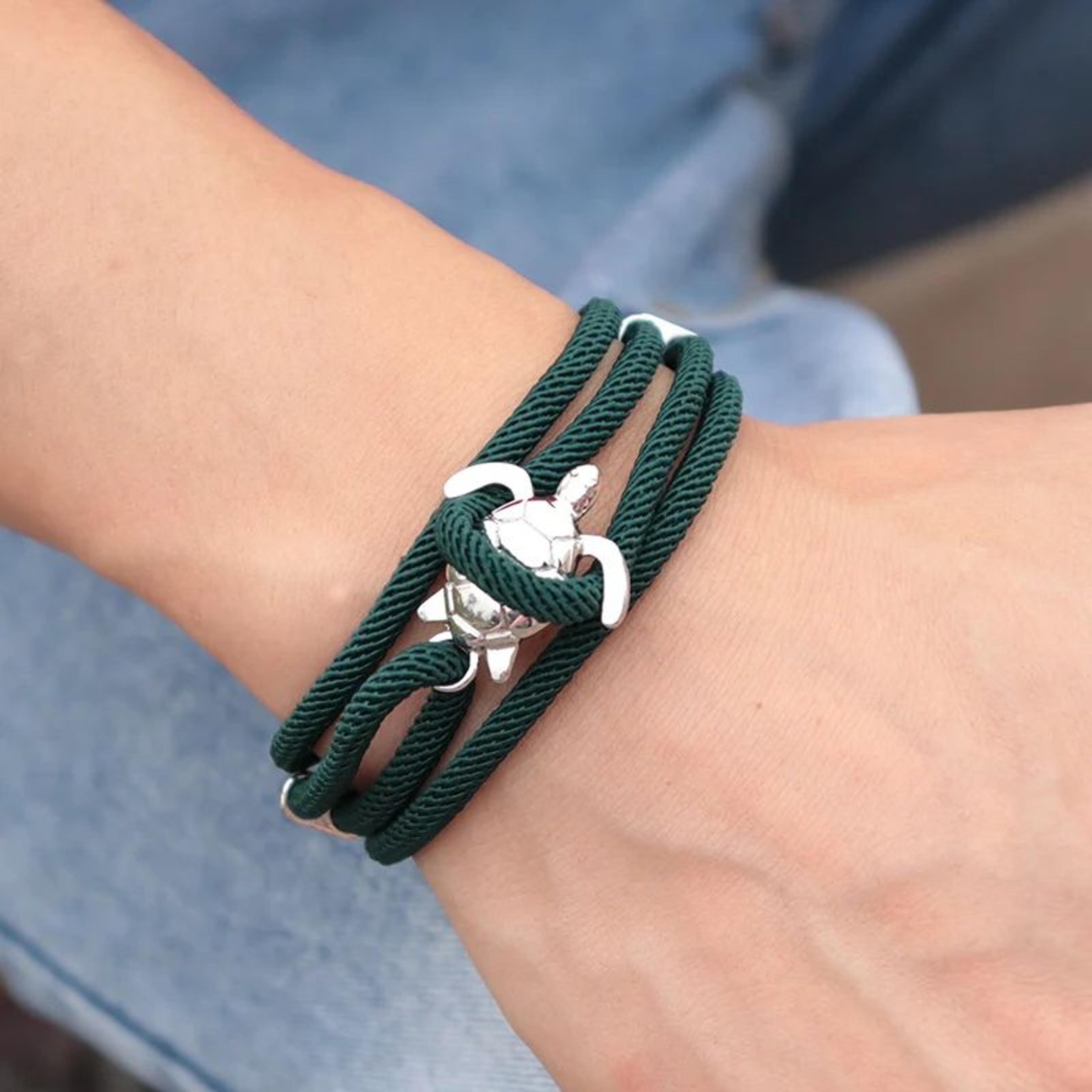 silver sea turtle hand knitted rope bracelet