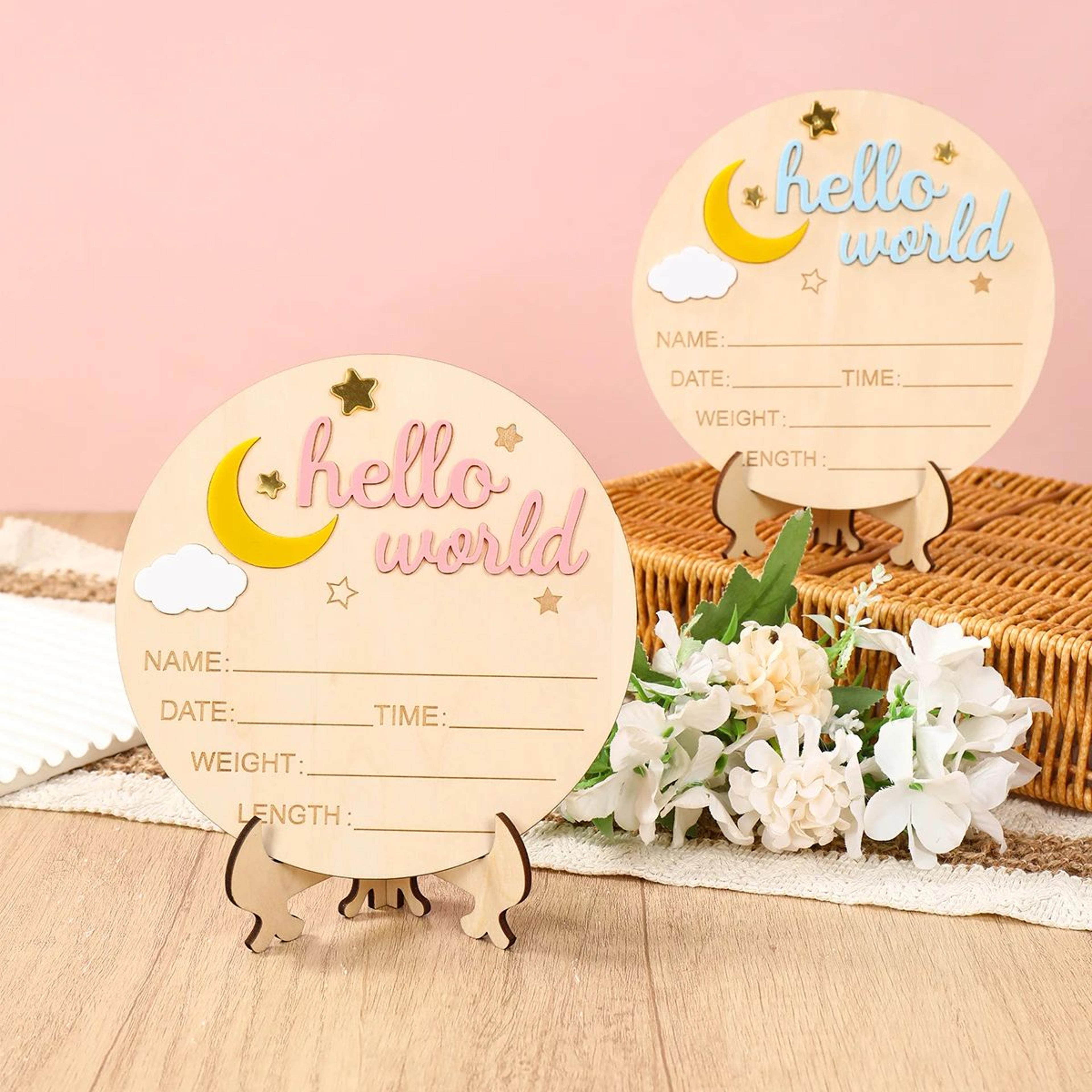 hello world newborn wooden announcement sign