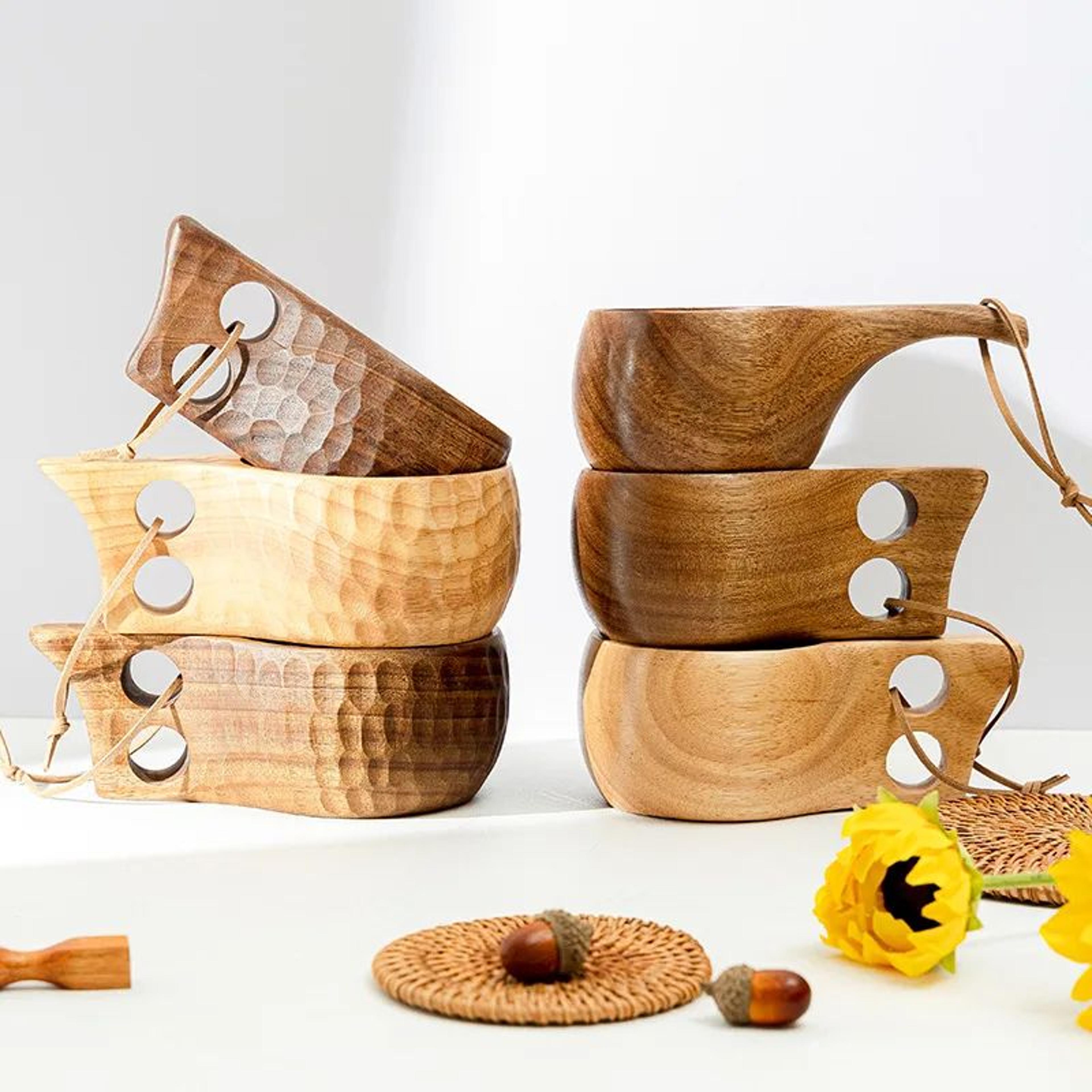 acacia wood camping cup with portable handle