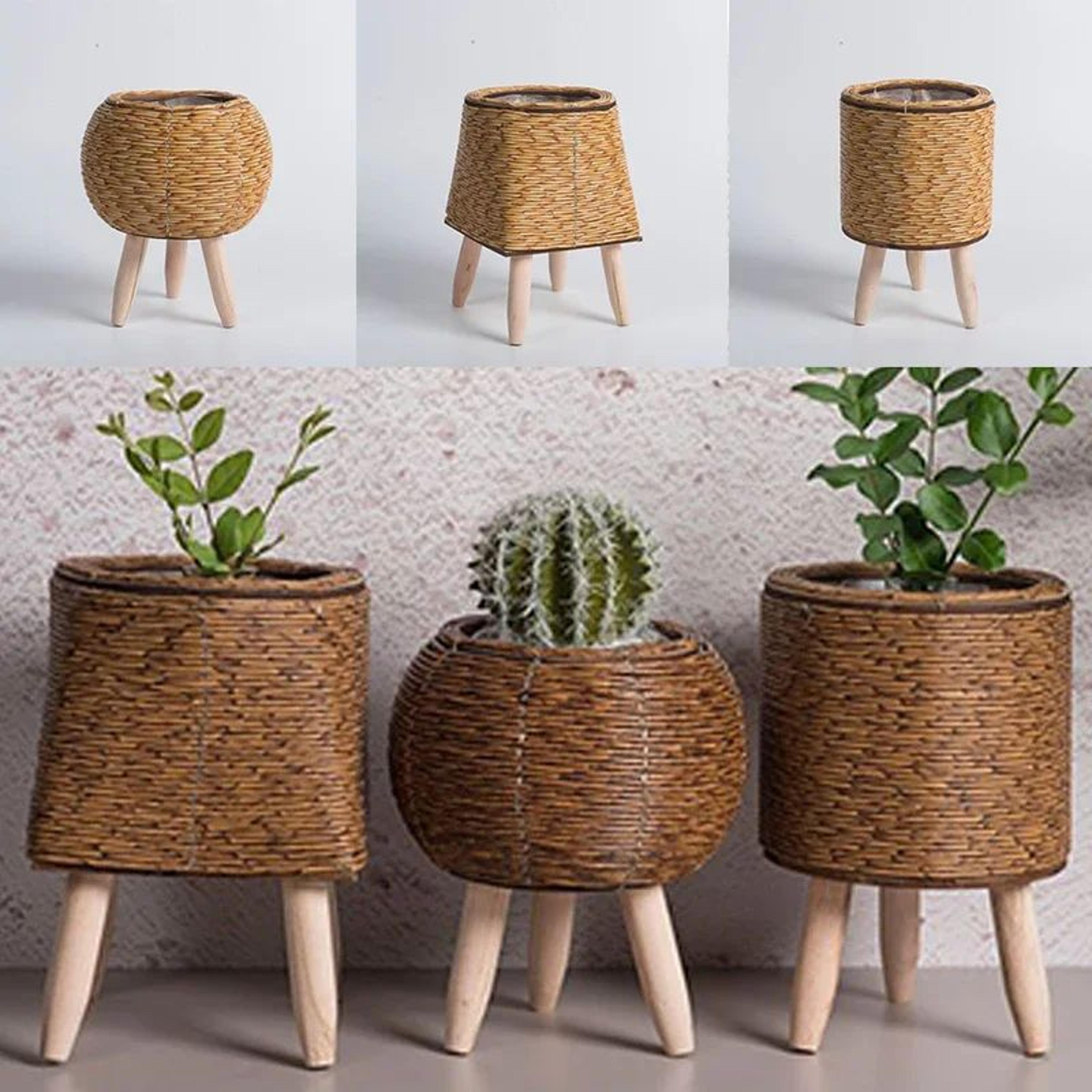 nordic woven rattan style flower basket plant stand