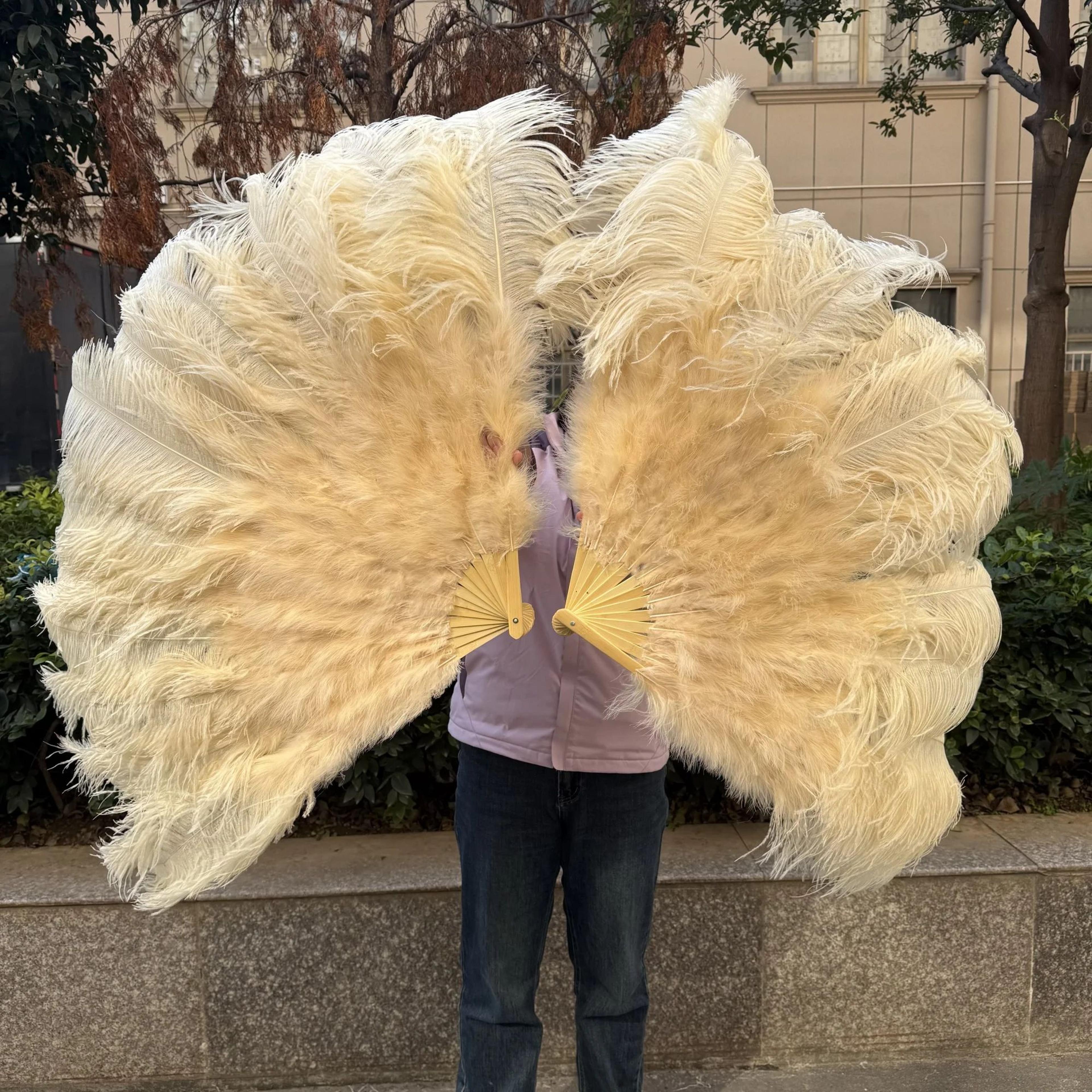 large ostrich feather folding fan for dance and stage shows