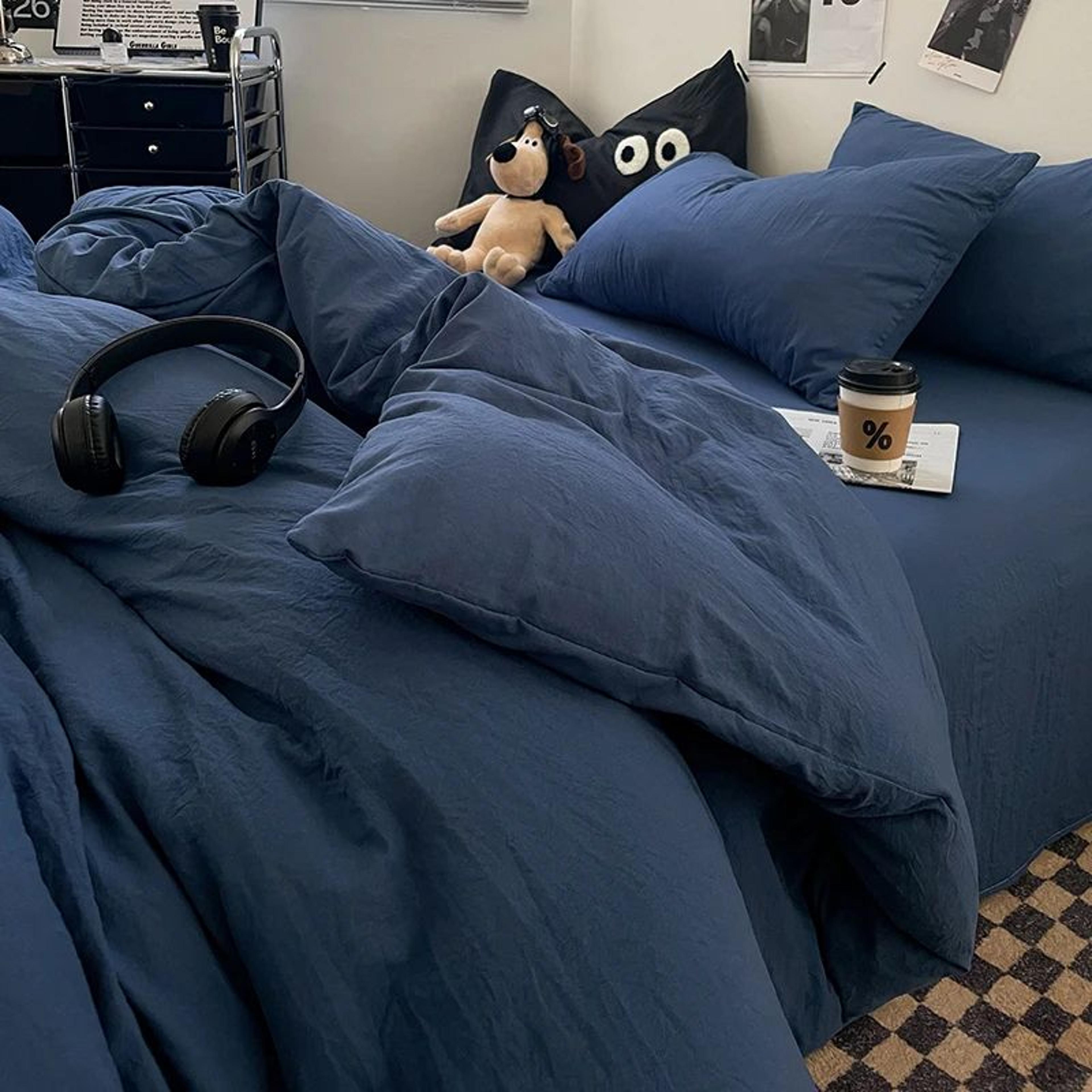 blue washed cotton duvet cover for queen size bed