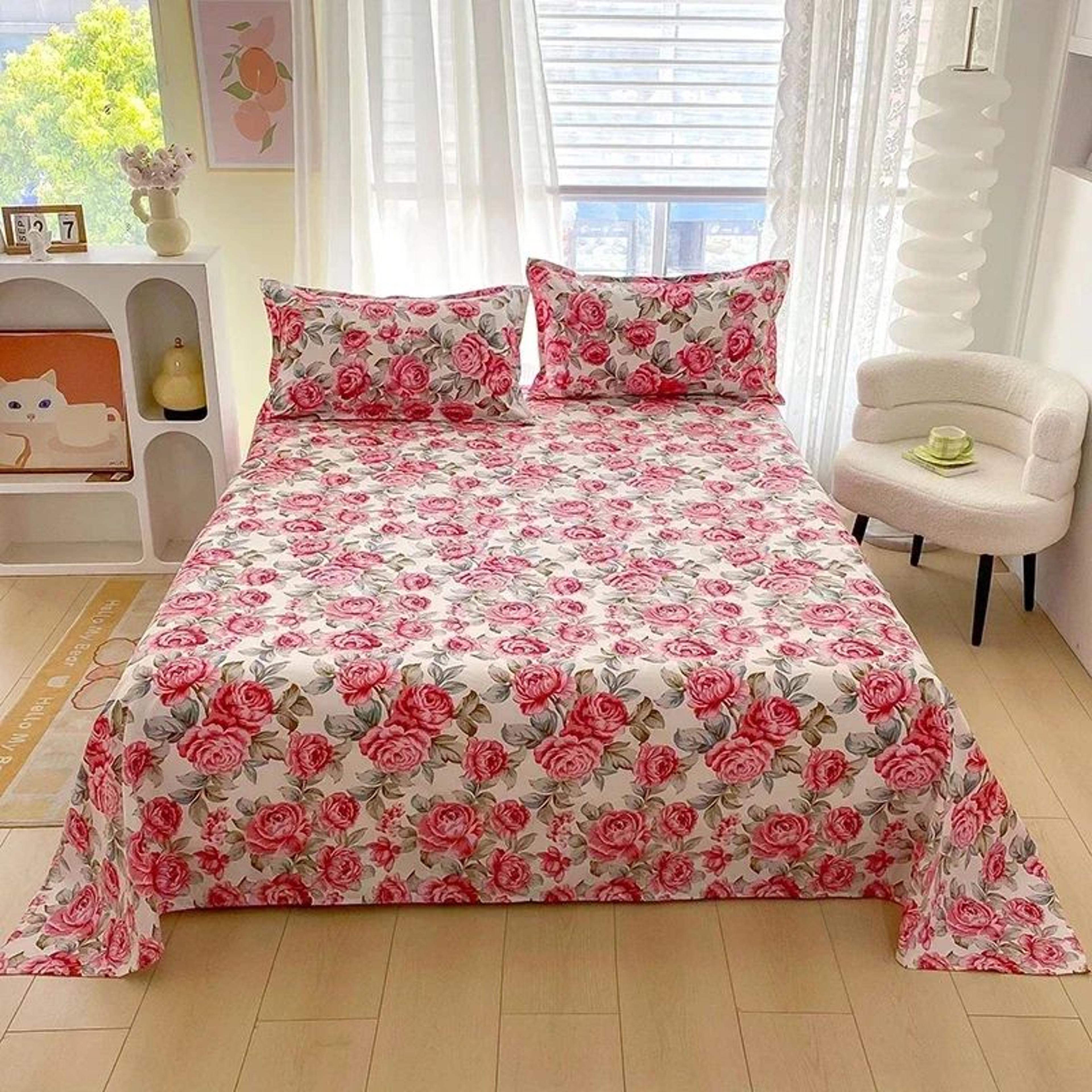 red floral printed flat bed sheet for single double queen and king beds