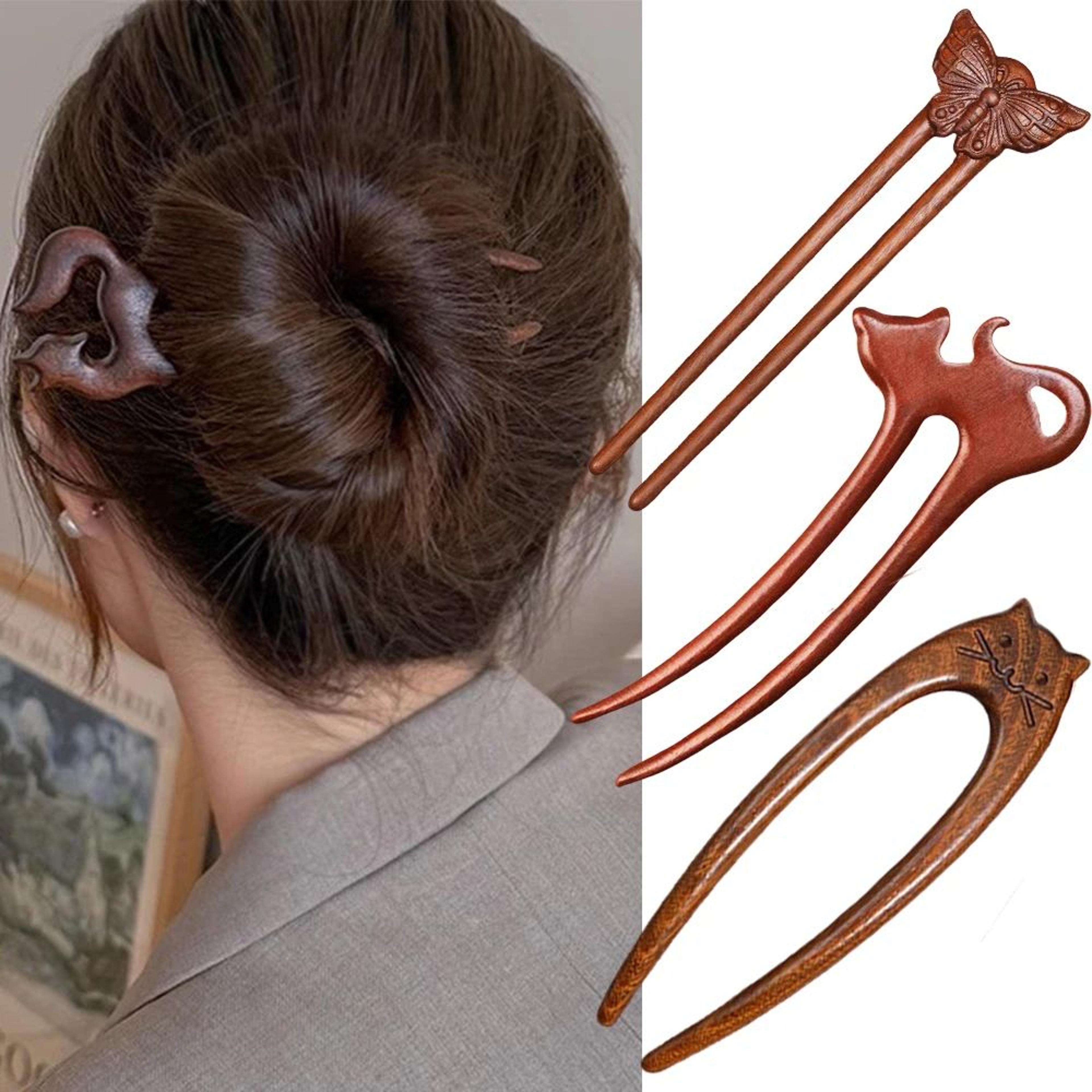 wooden u shaped hair fork with animal and butterfly designs