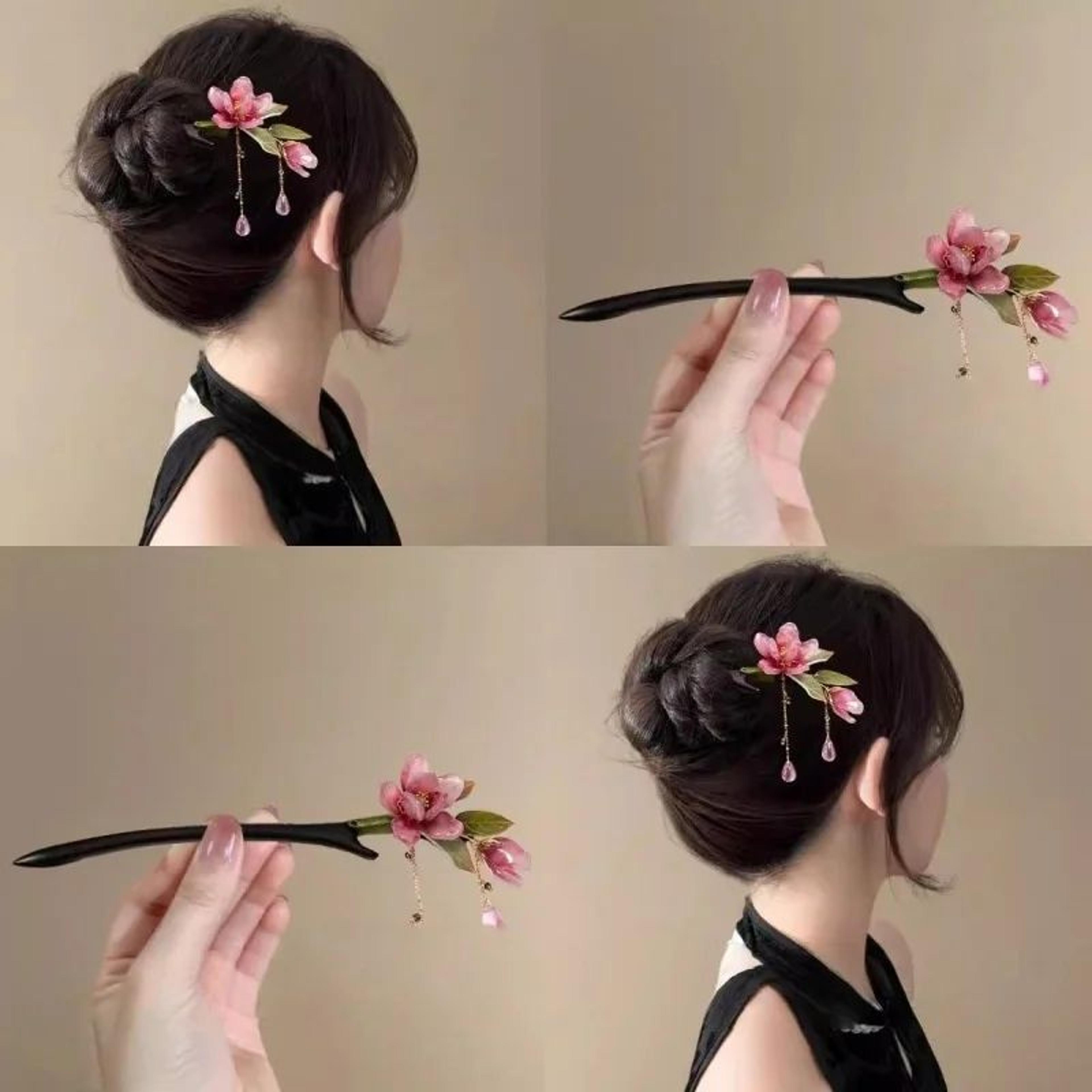 elegant floral hair stick with pink flower tassel