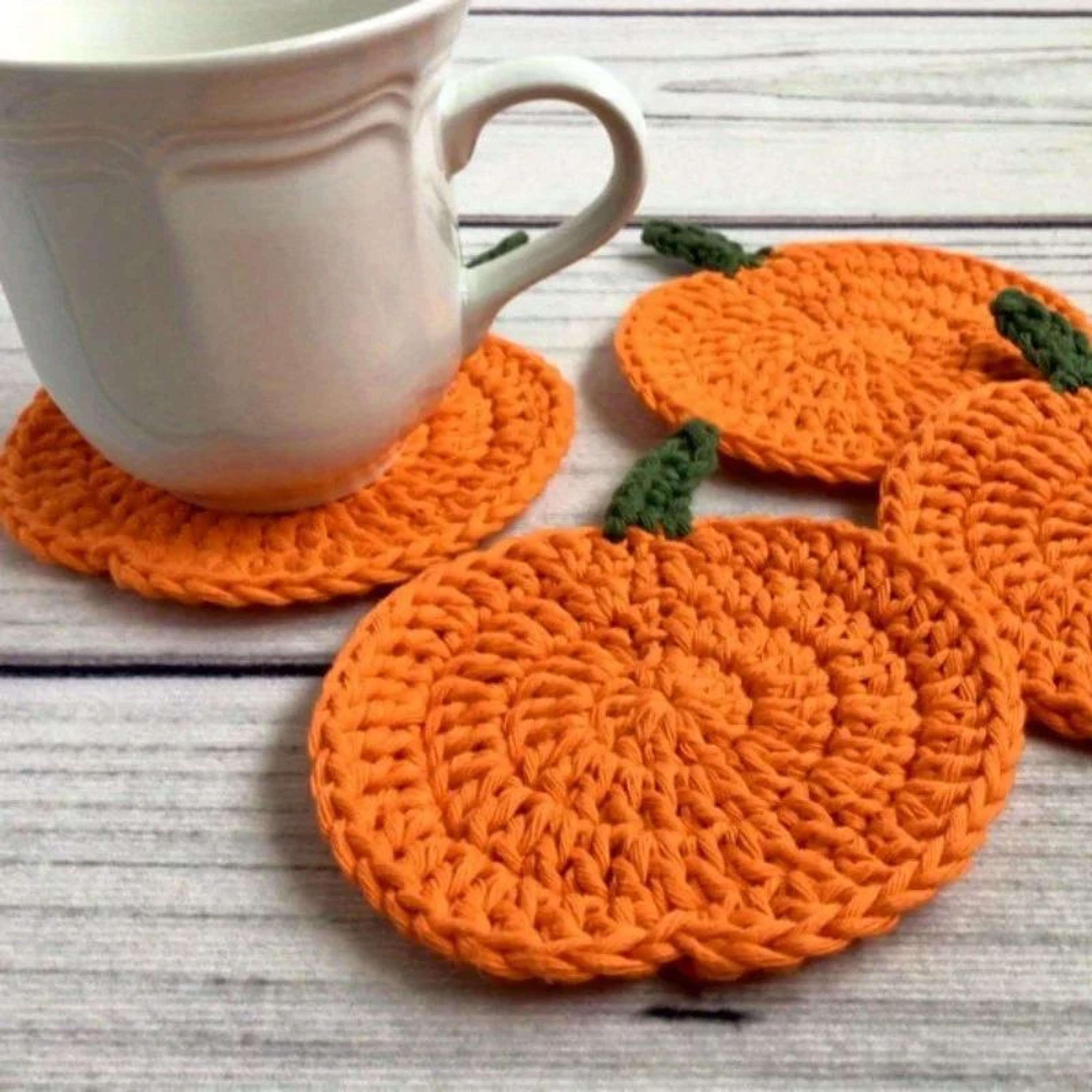 handmade crochet pumpkin coasters for fall table decor