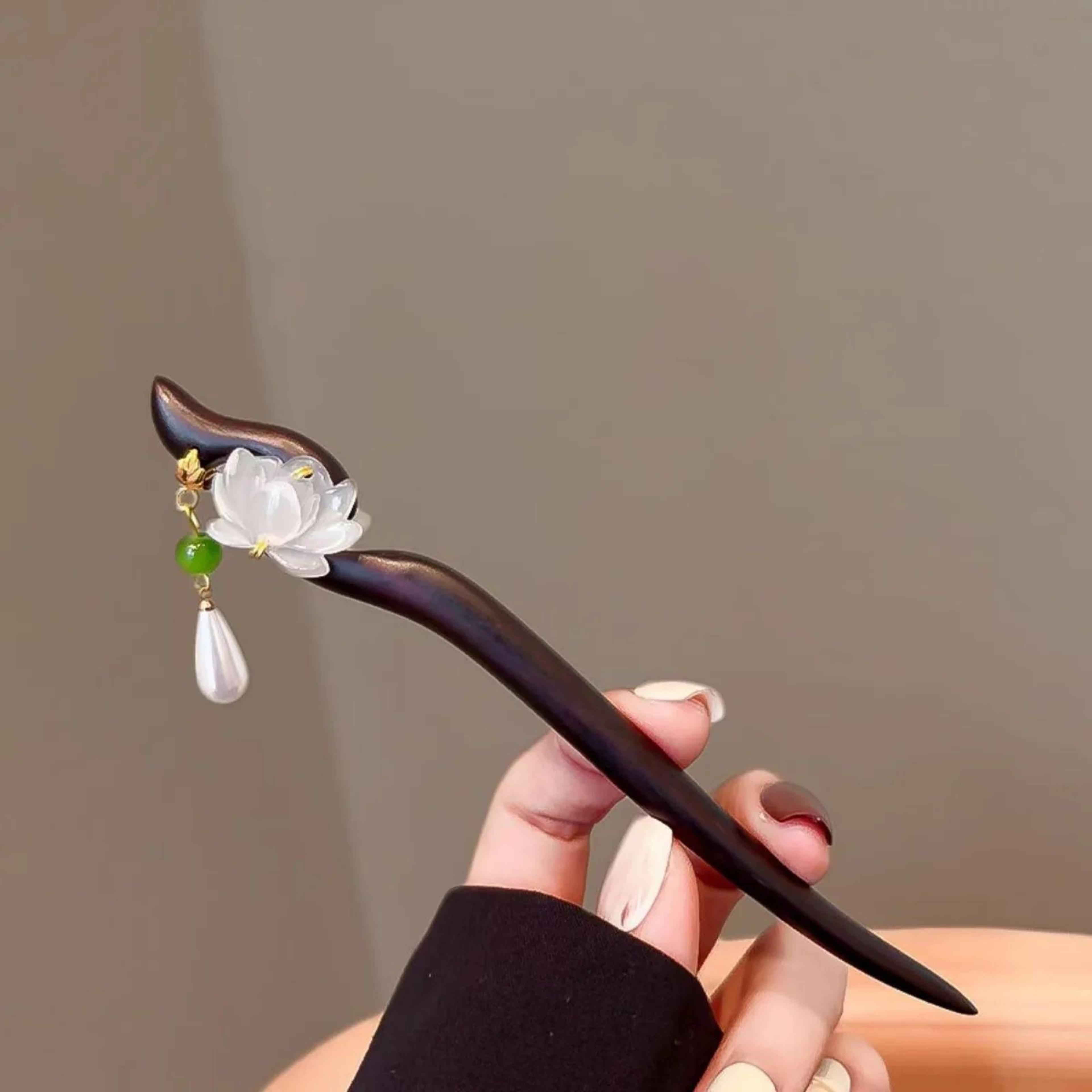 elegant lotus wood hair stick with tassel for women