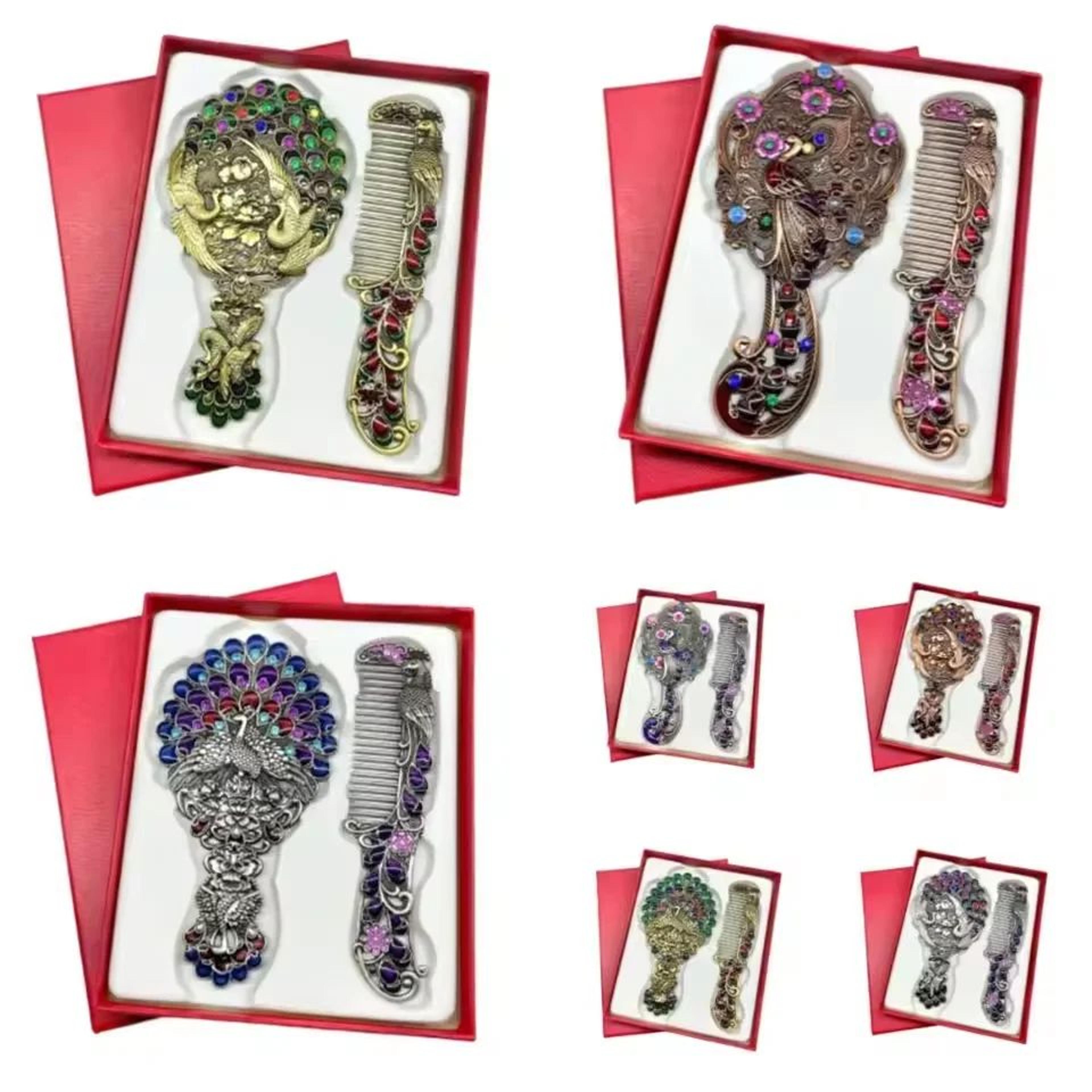 retro peacock handheld mirror and comb set