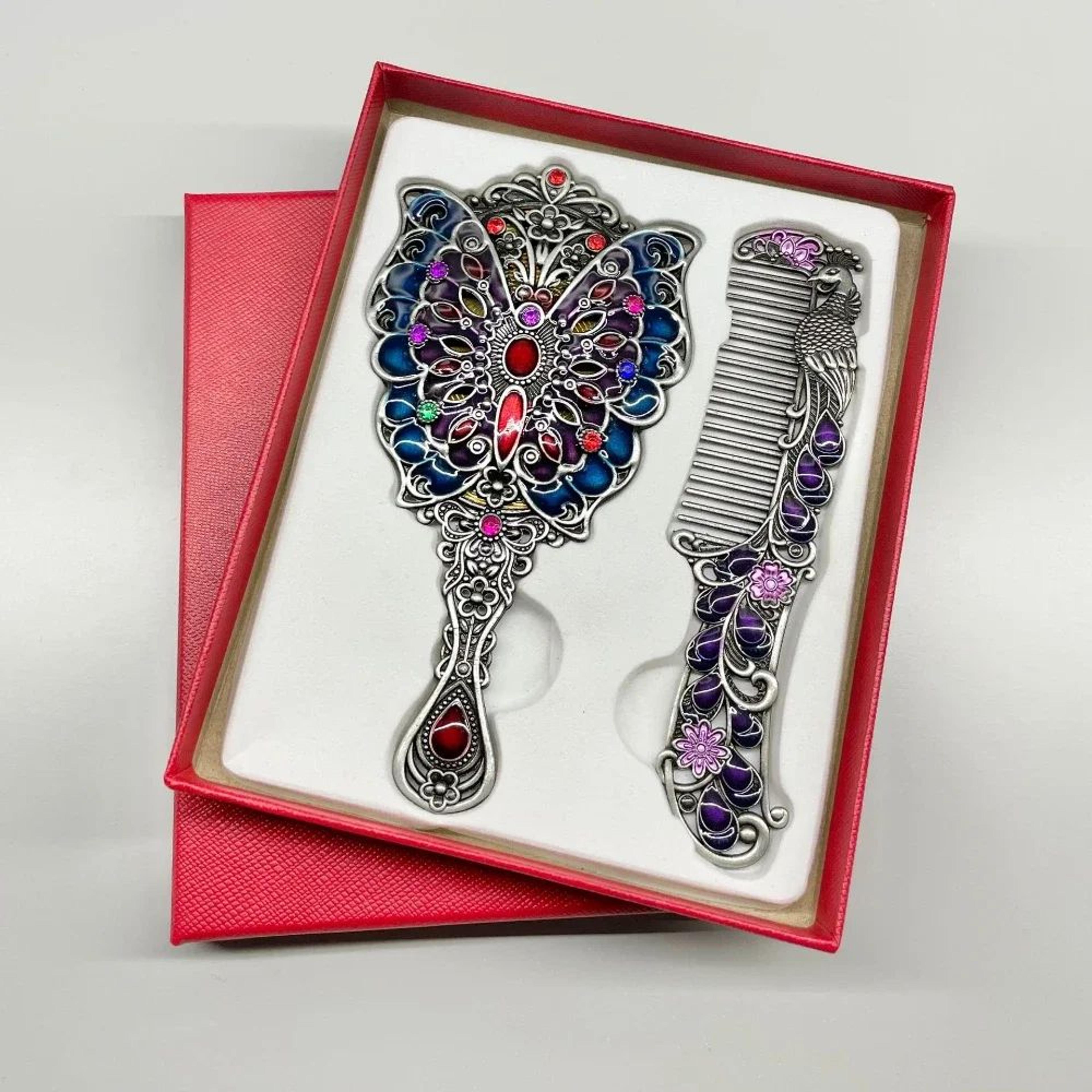 retro peacock handheld makeup mirror and comb set