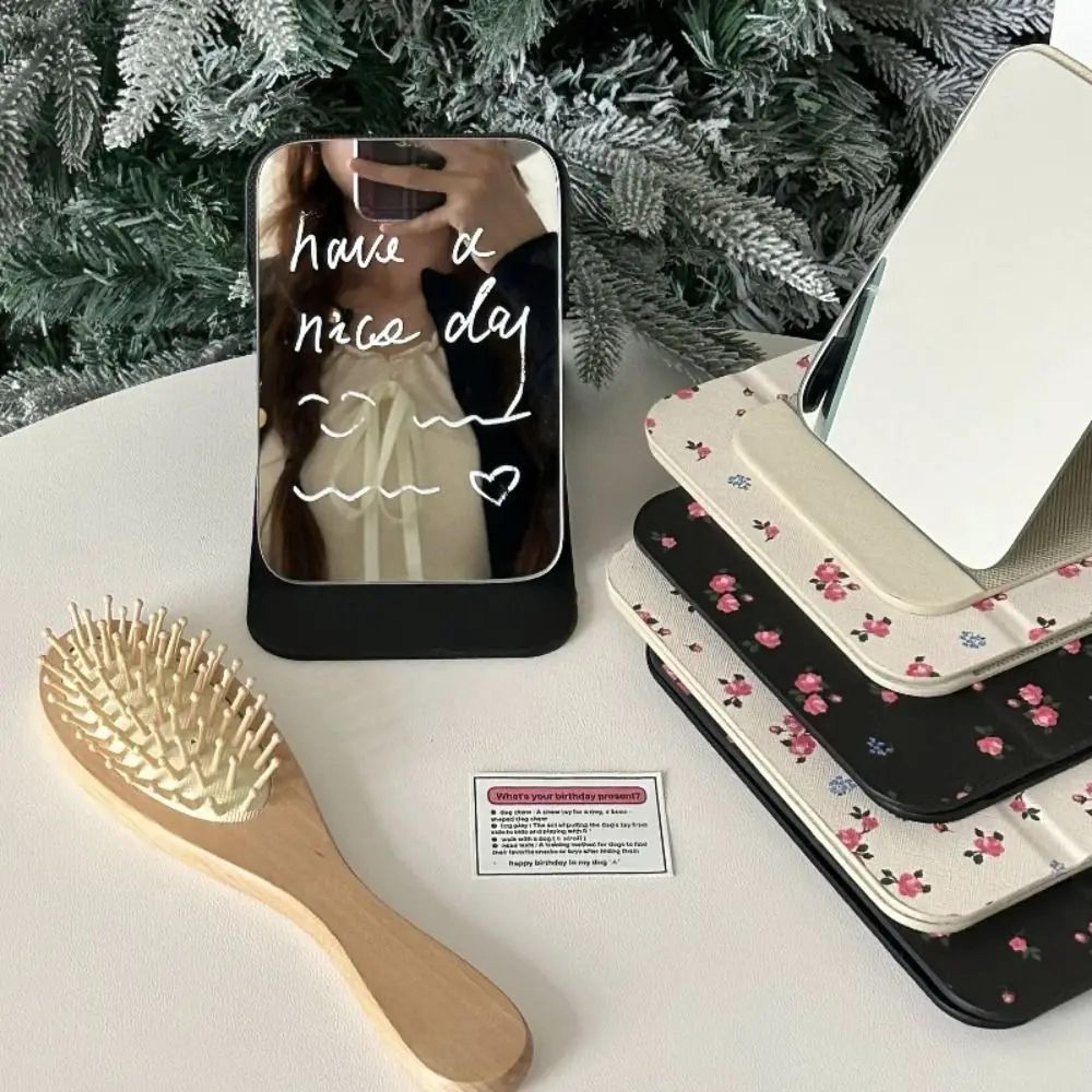 pu leather folding desktop and pocket makeup mirror