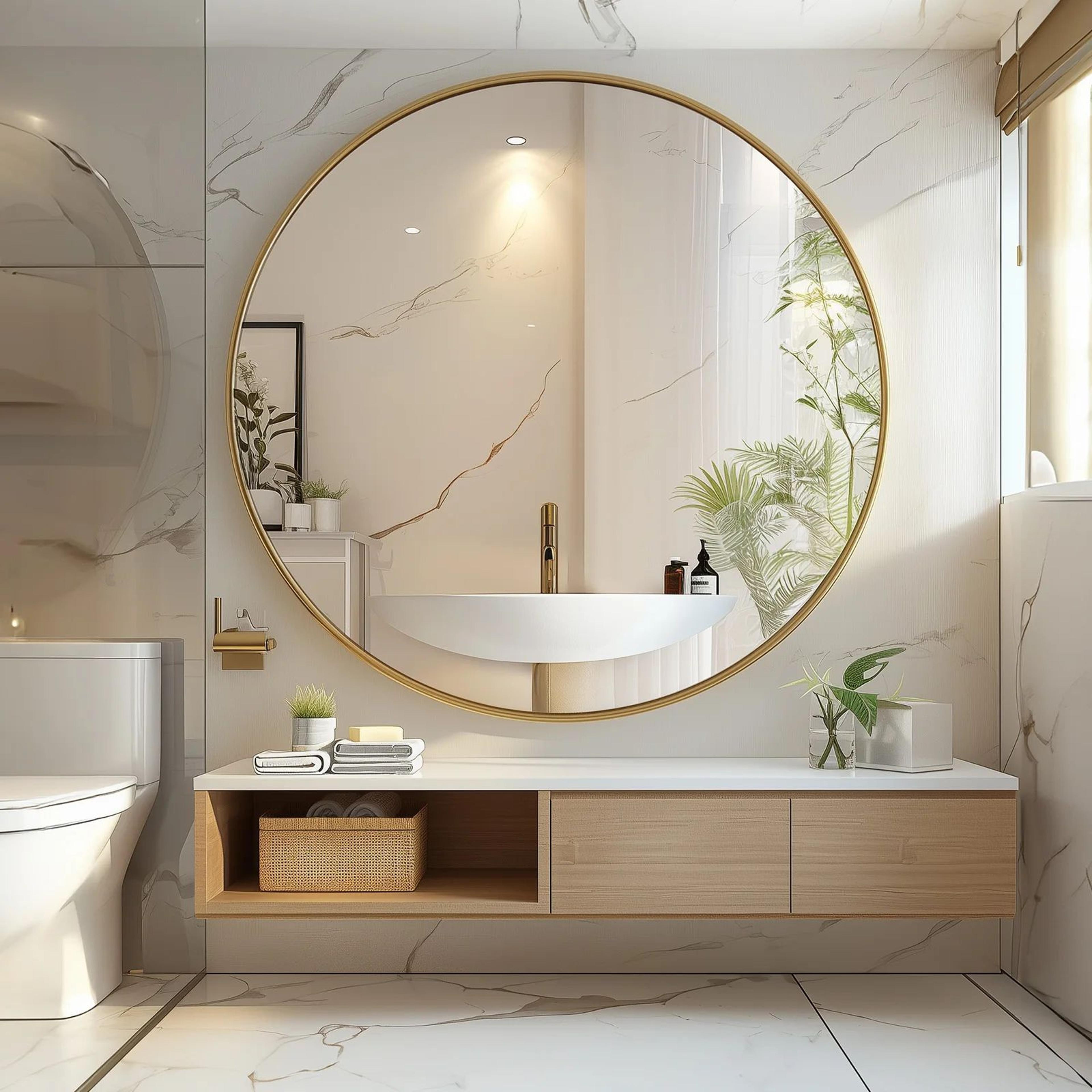 30 inch gold round metal framed wall mirror