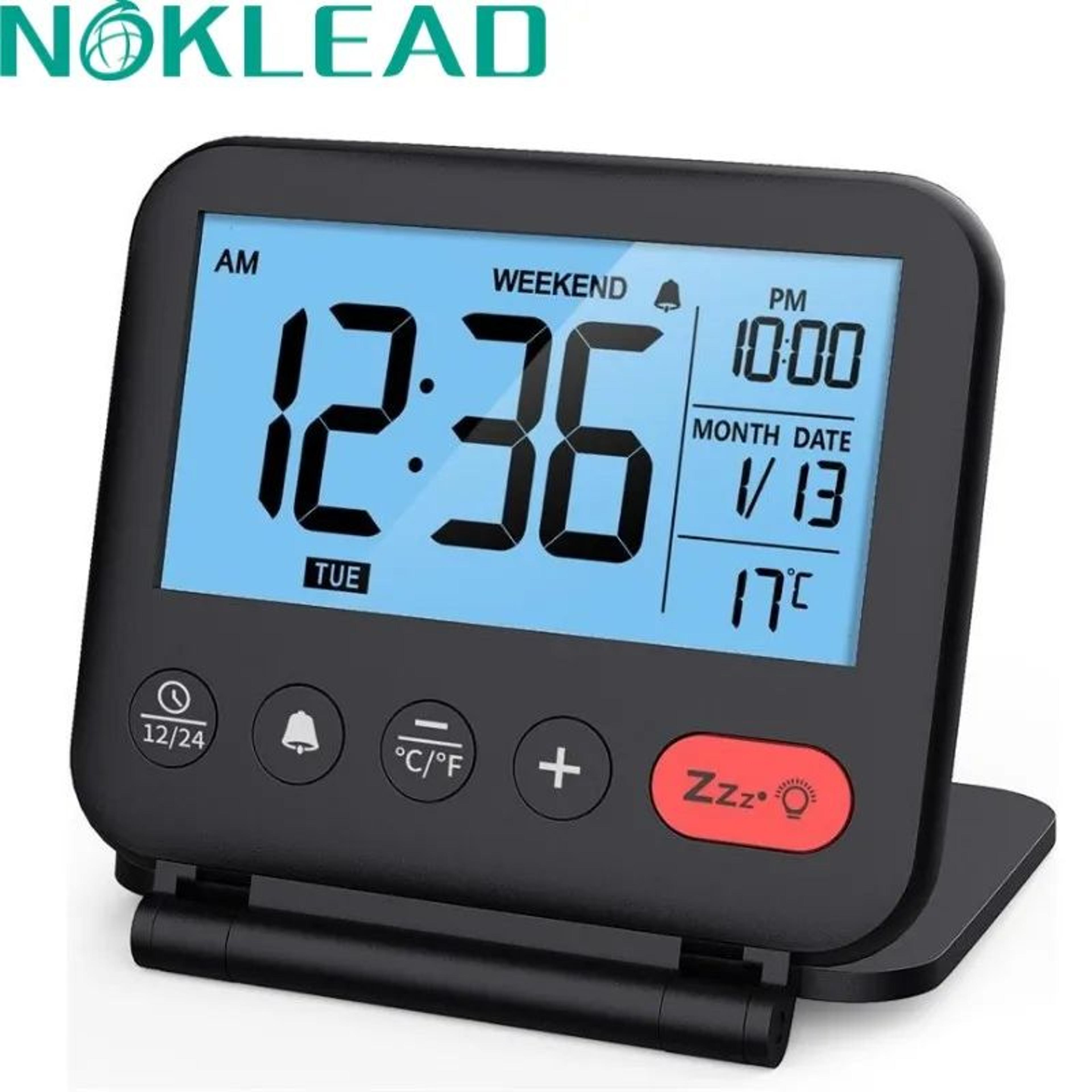 noklead digital travel alarm clock with backlight and temperature