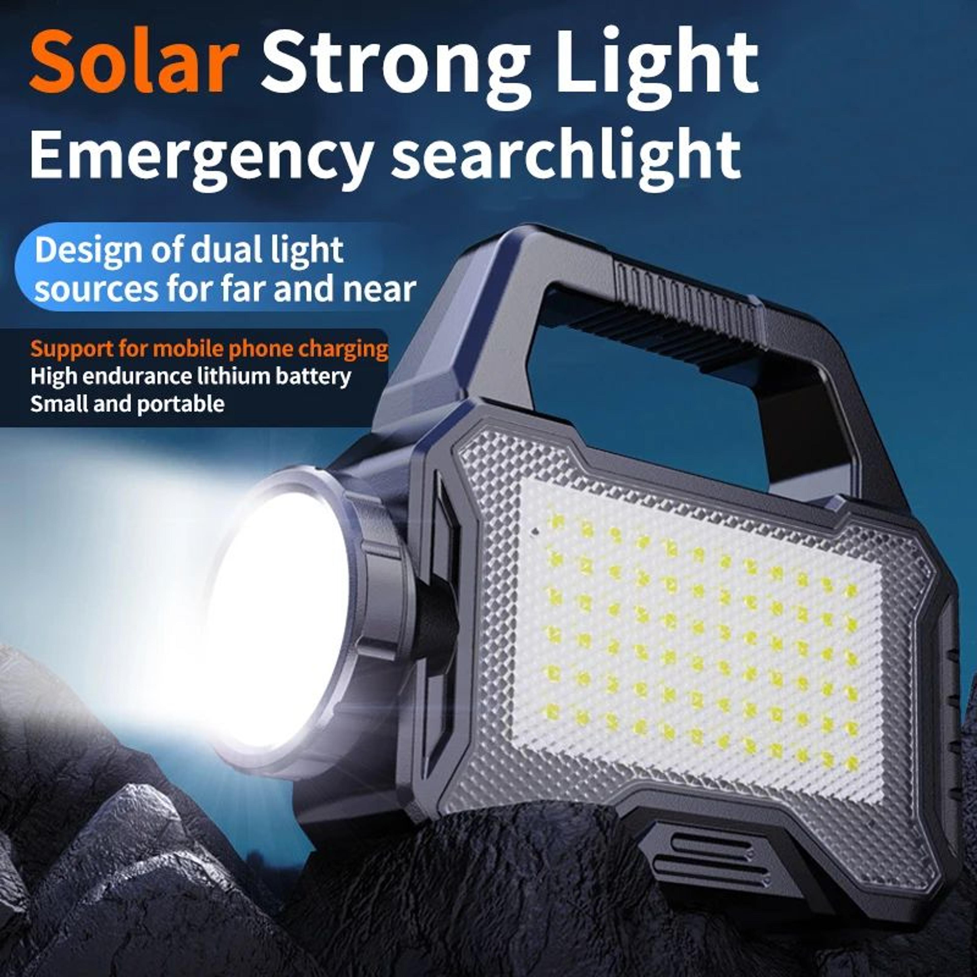 portable solar rechargeable searchlight with cob side light and power bank