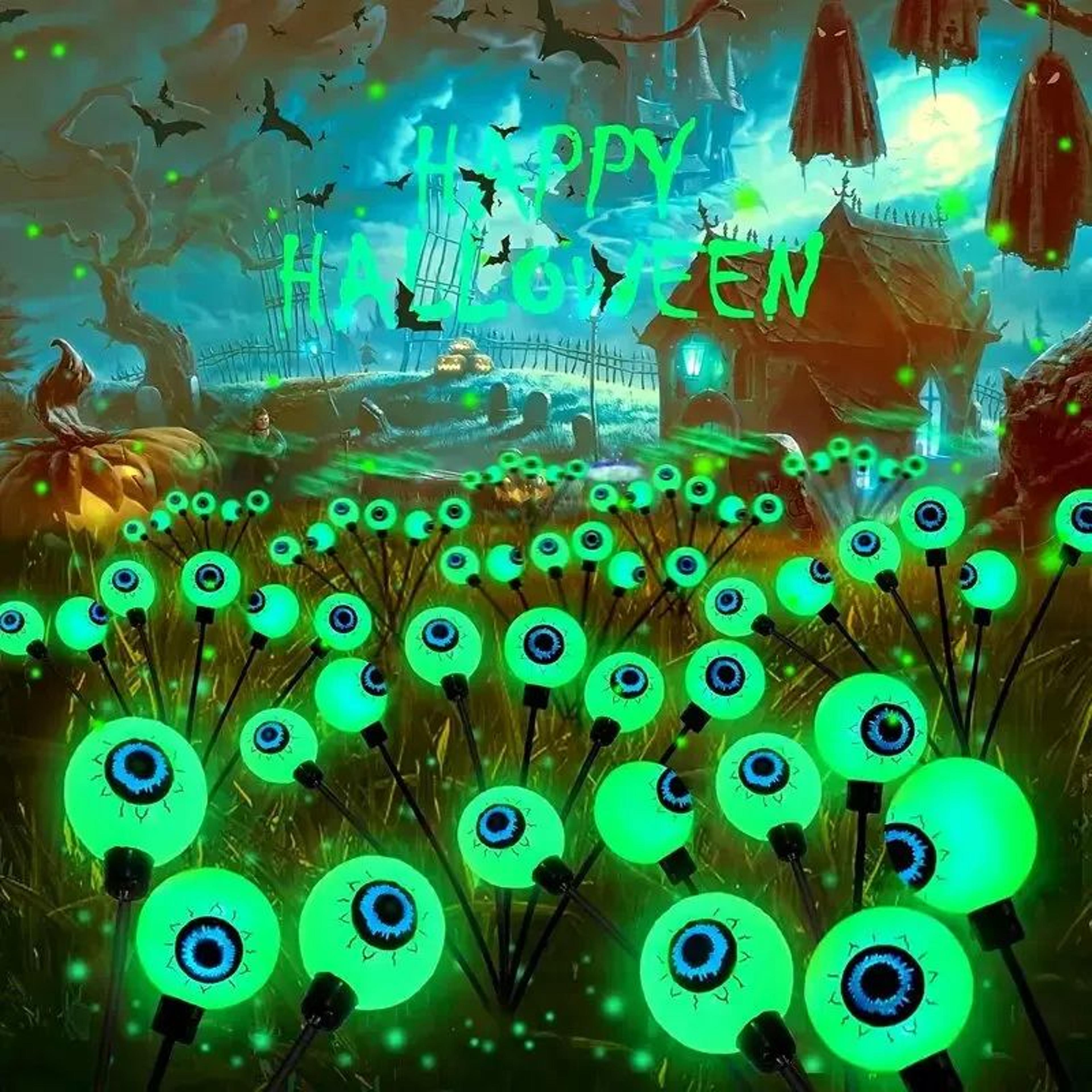 6 head solar green eyeball halloween garden stake light