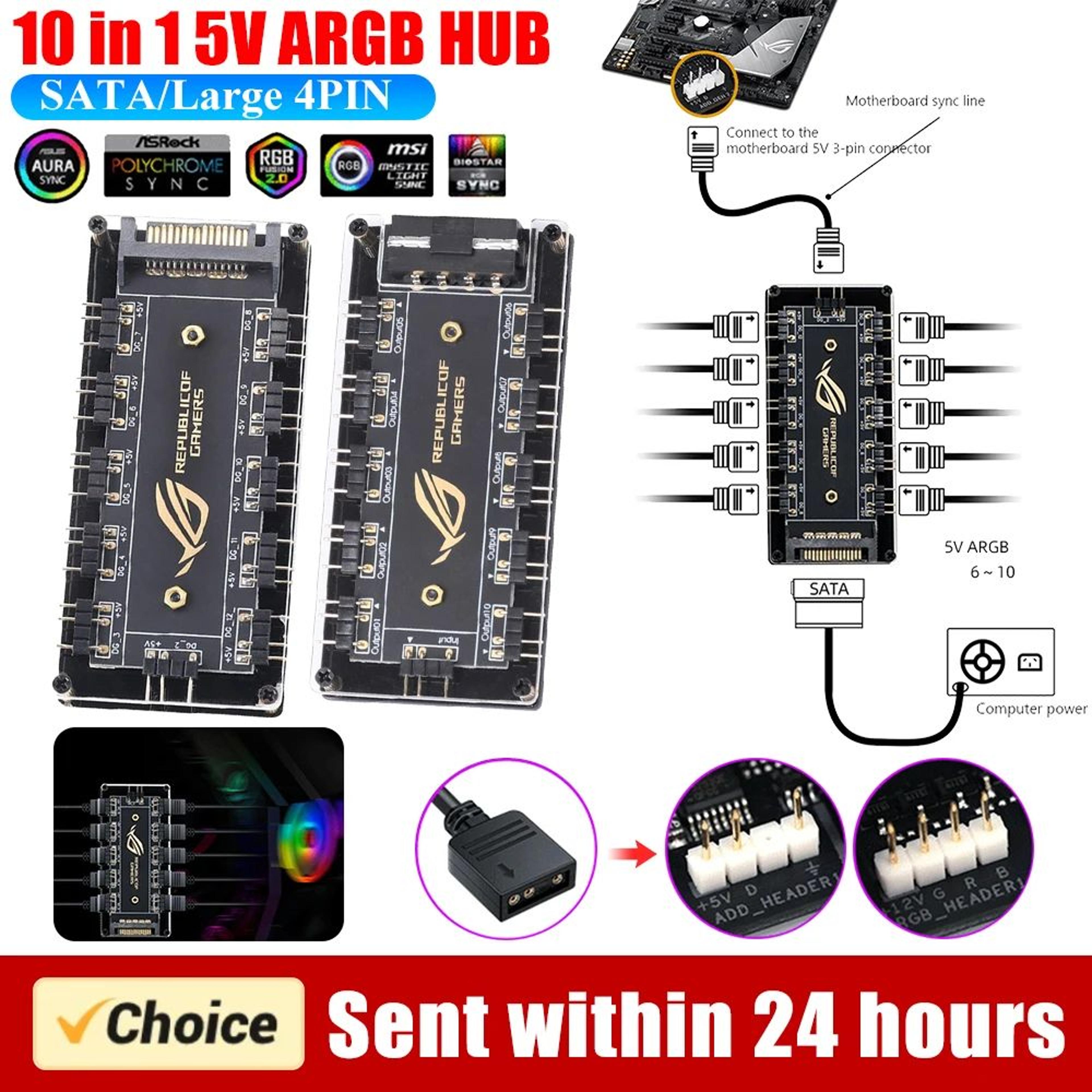 5v 3 pin argb rgbw 10 port hub splitter with sata power