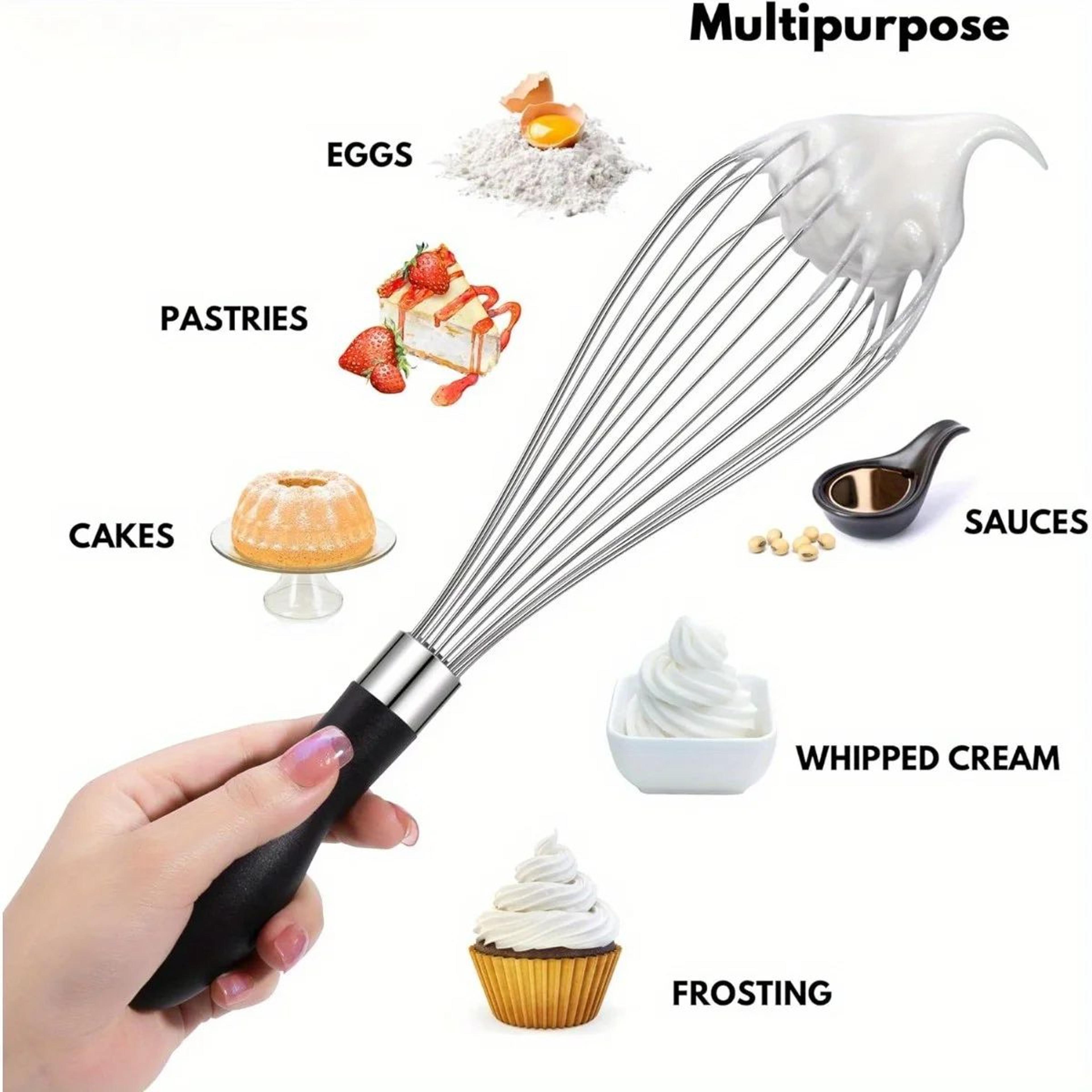 stainless steel baking whisk with comfortable silicone handle