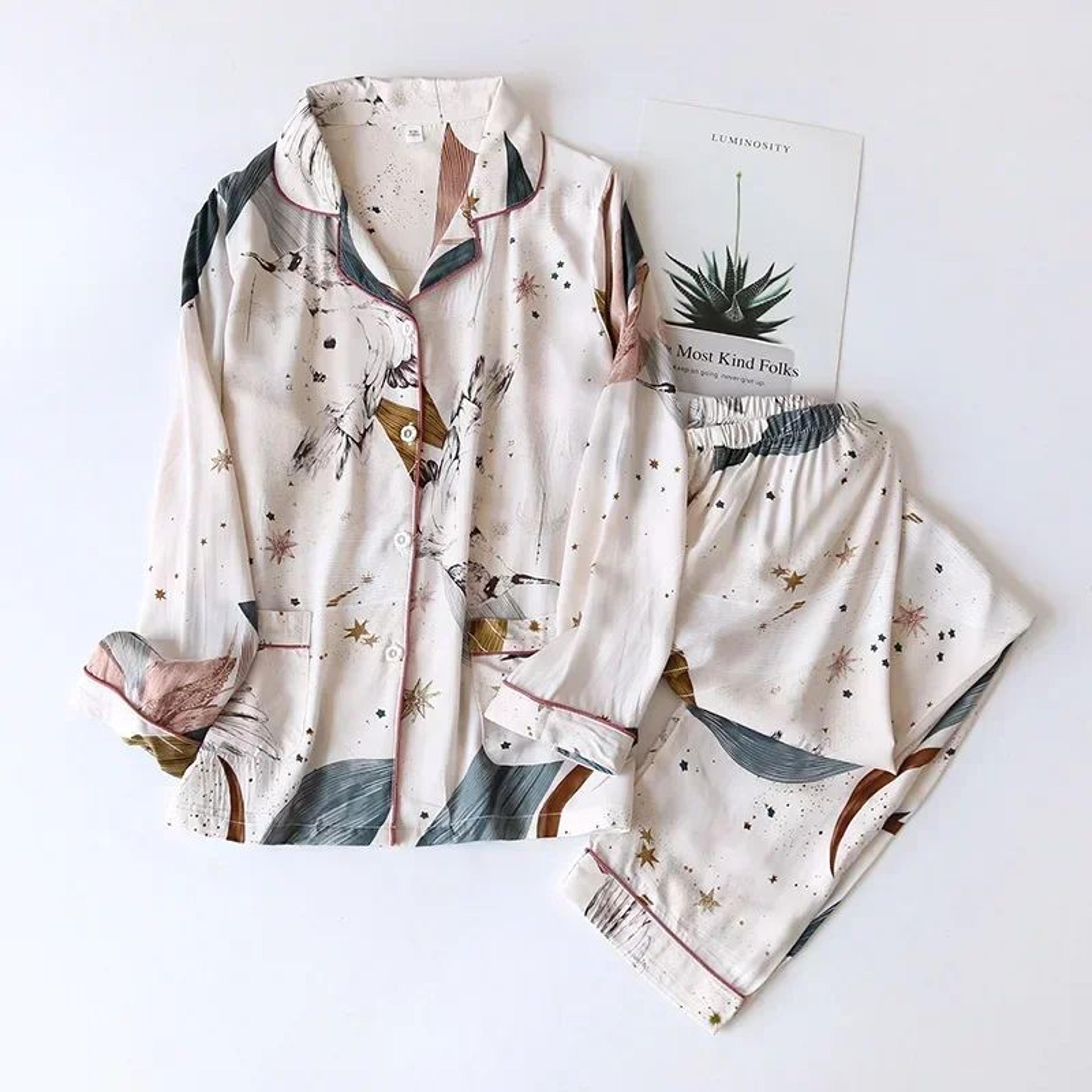 womens viscose pajama set with long sleeves and matching trousers
