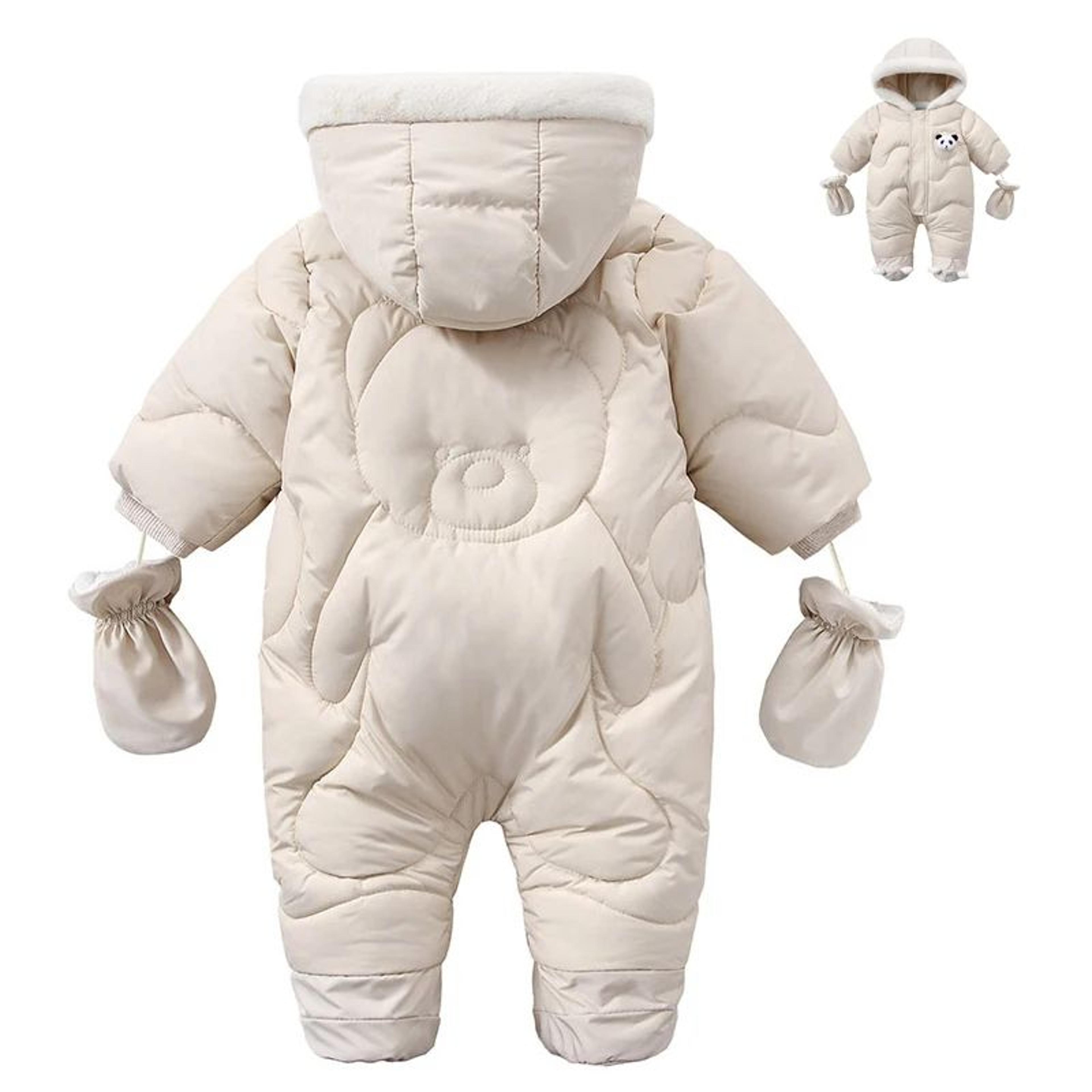 baby winter jumpsuit with cartoon bear design and plush lining