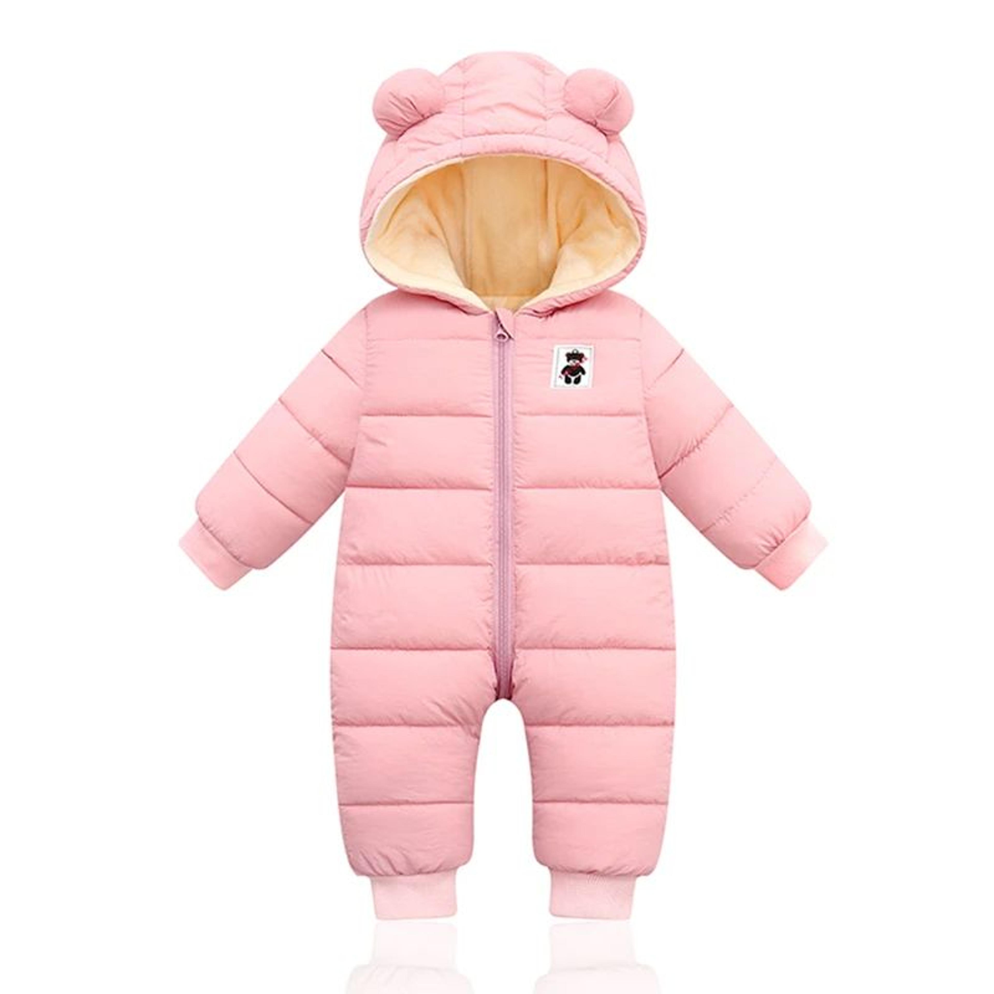 baby hooded winter romper with cartoon design and velvet lining