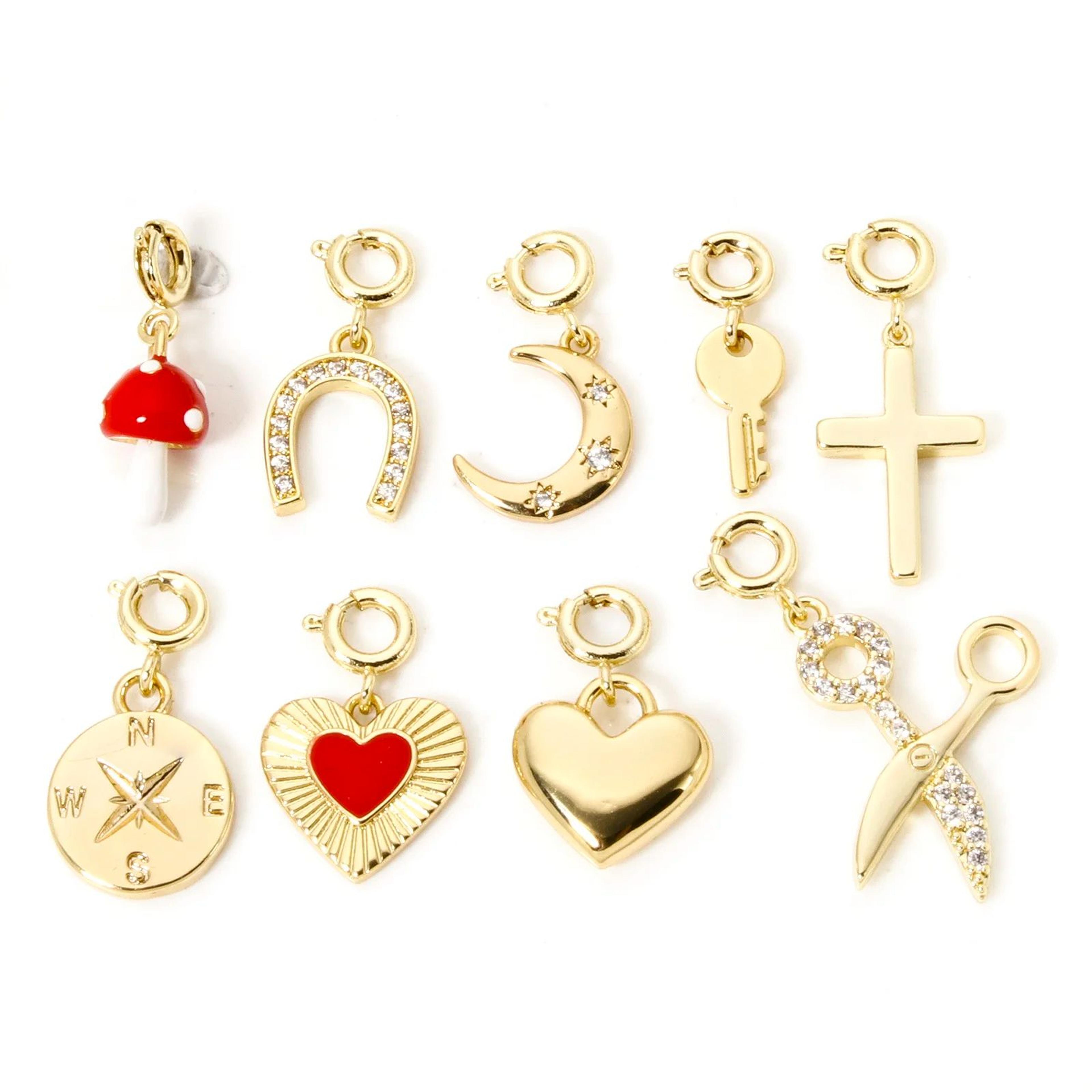 18k gold plated brass heart or horseshoe charm with spring ring clasp