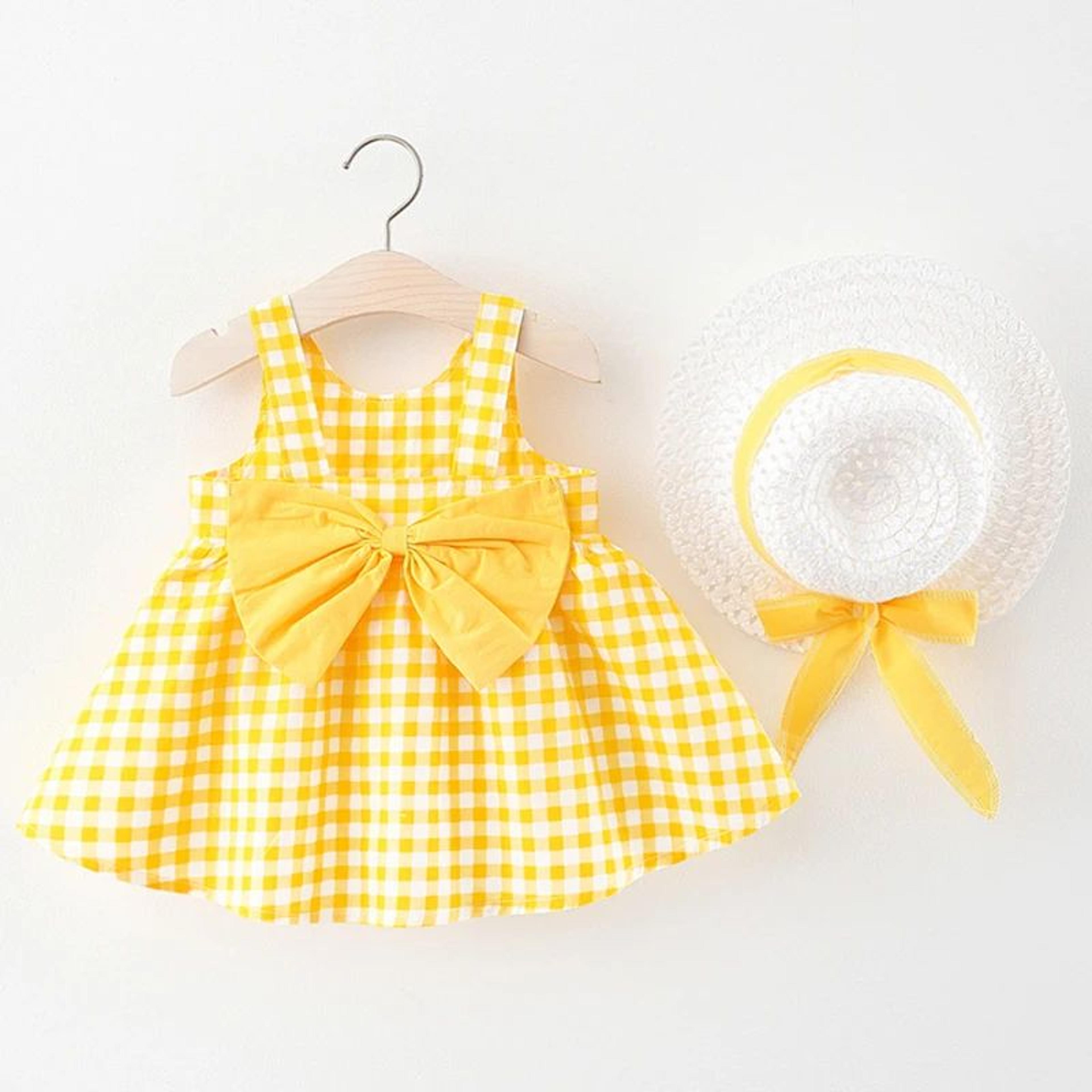 baby girl cotton plaid summer dress with bow and sunhat