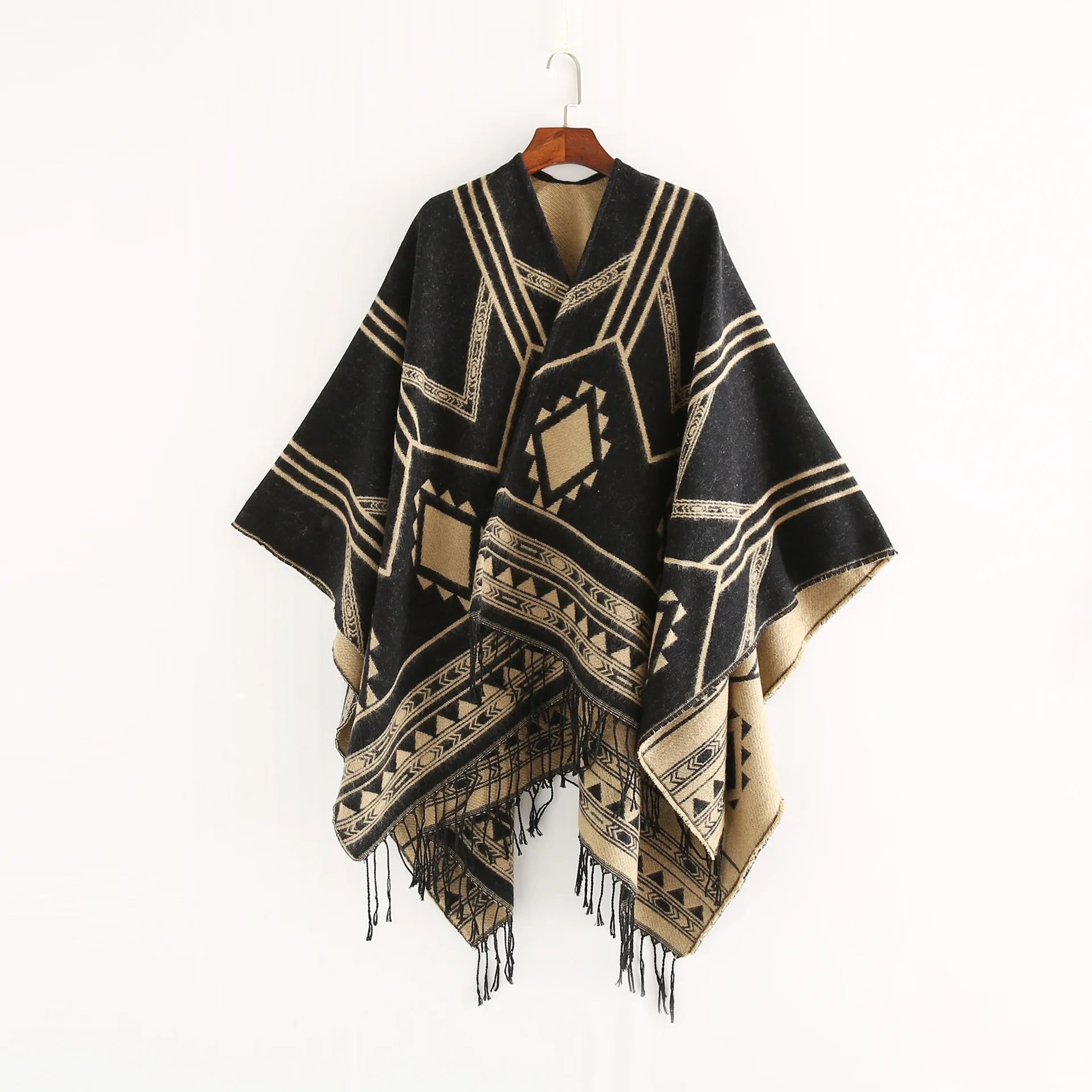 women geometric tassel poncho shawl in black and khaki