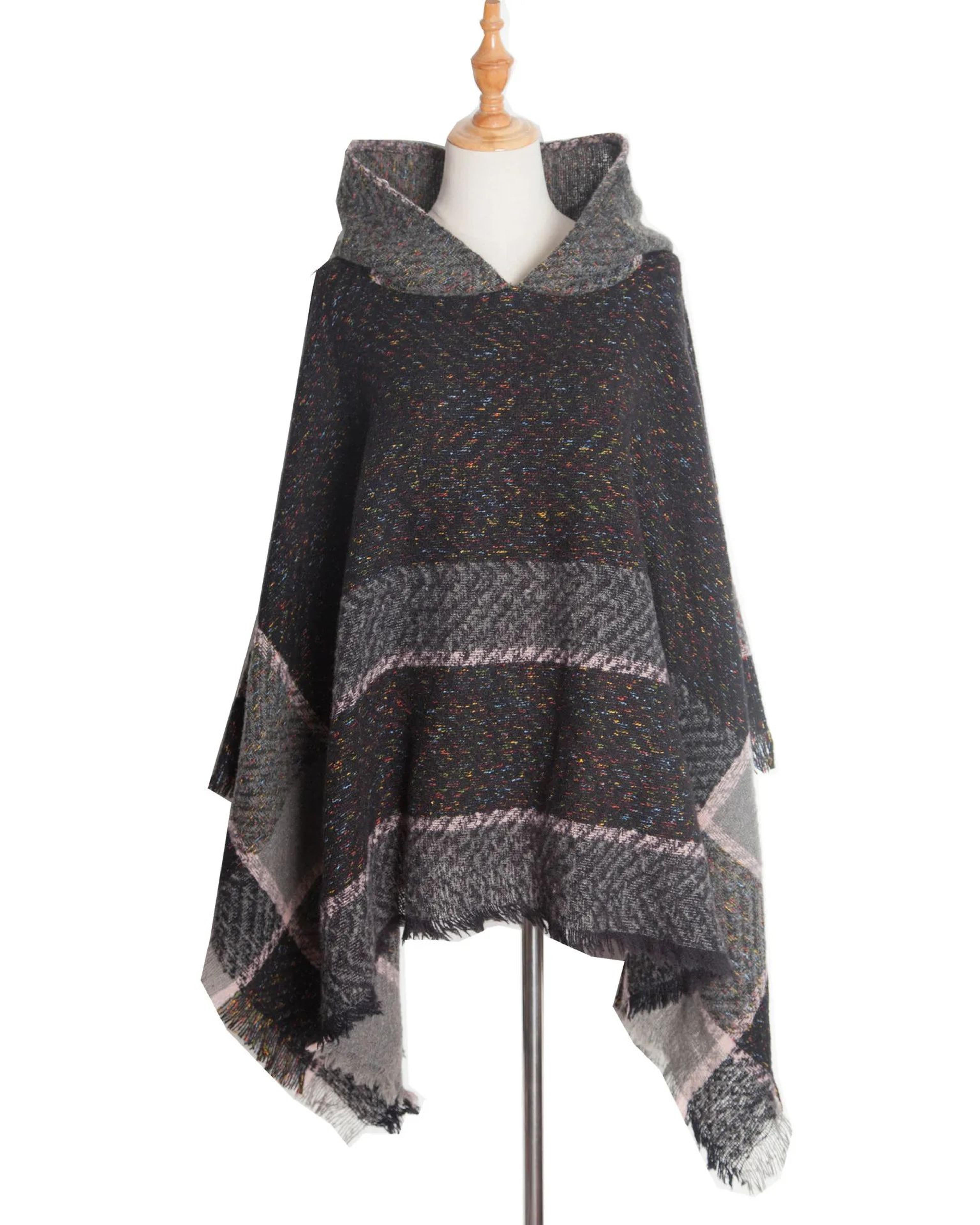 women black hooded poncho cape with fishbone pattern