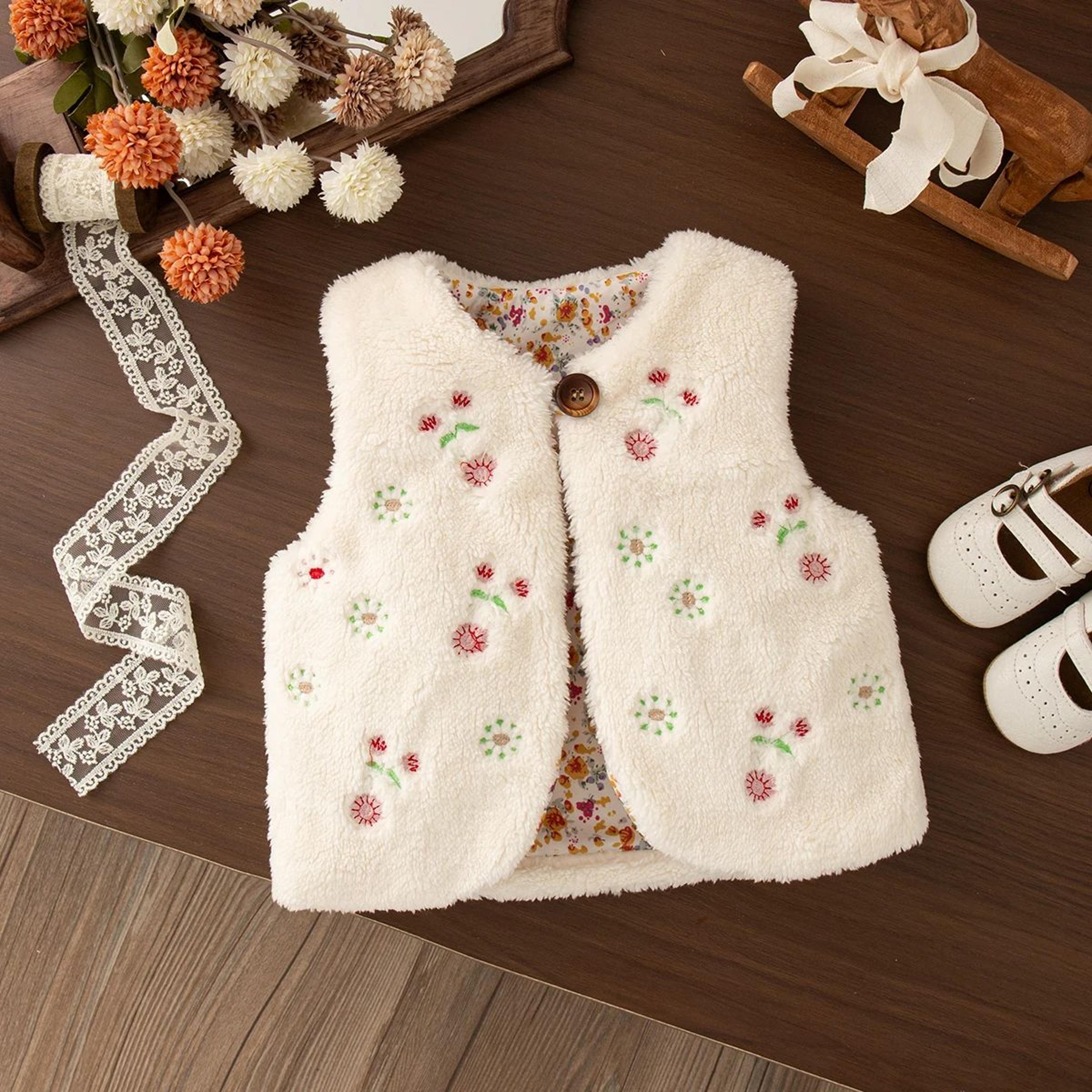 baby girls warm floral embroidered winter vest