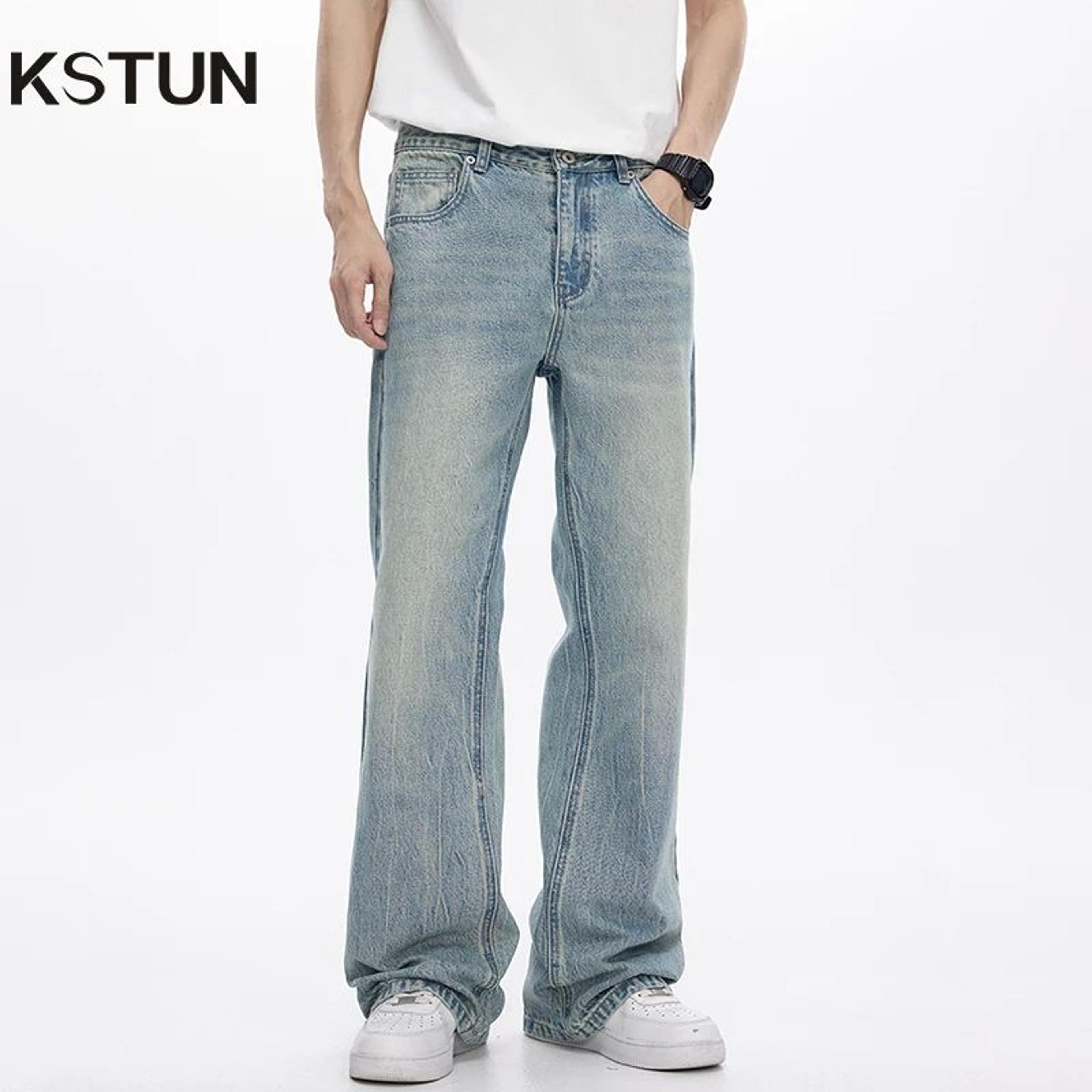 kstun mens loose fit light blue flared bootcut jeans
