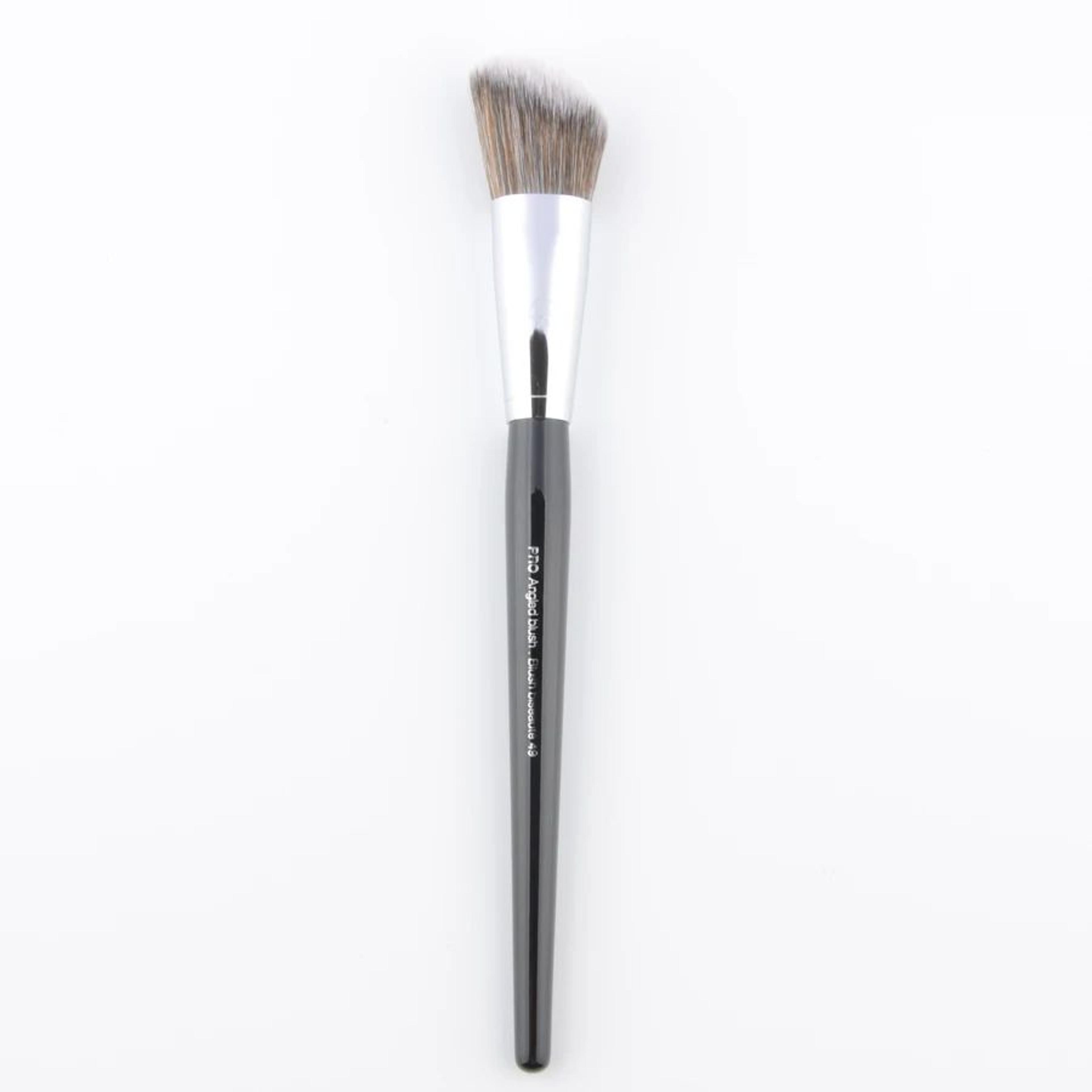angled blush and powder brush with synthetic bristles and wooden handle