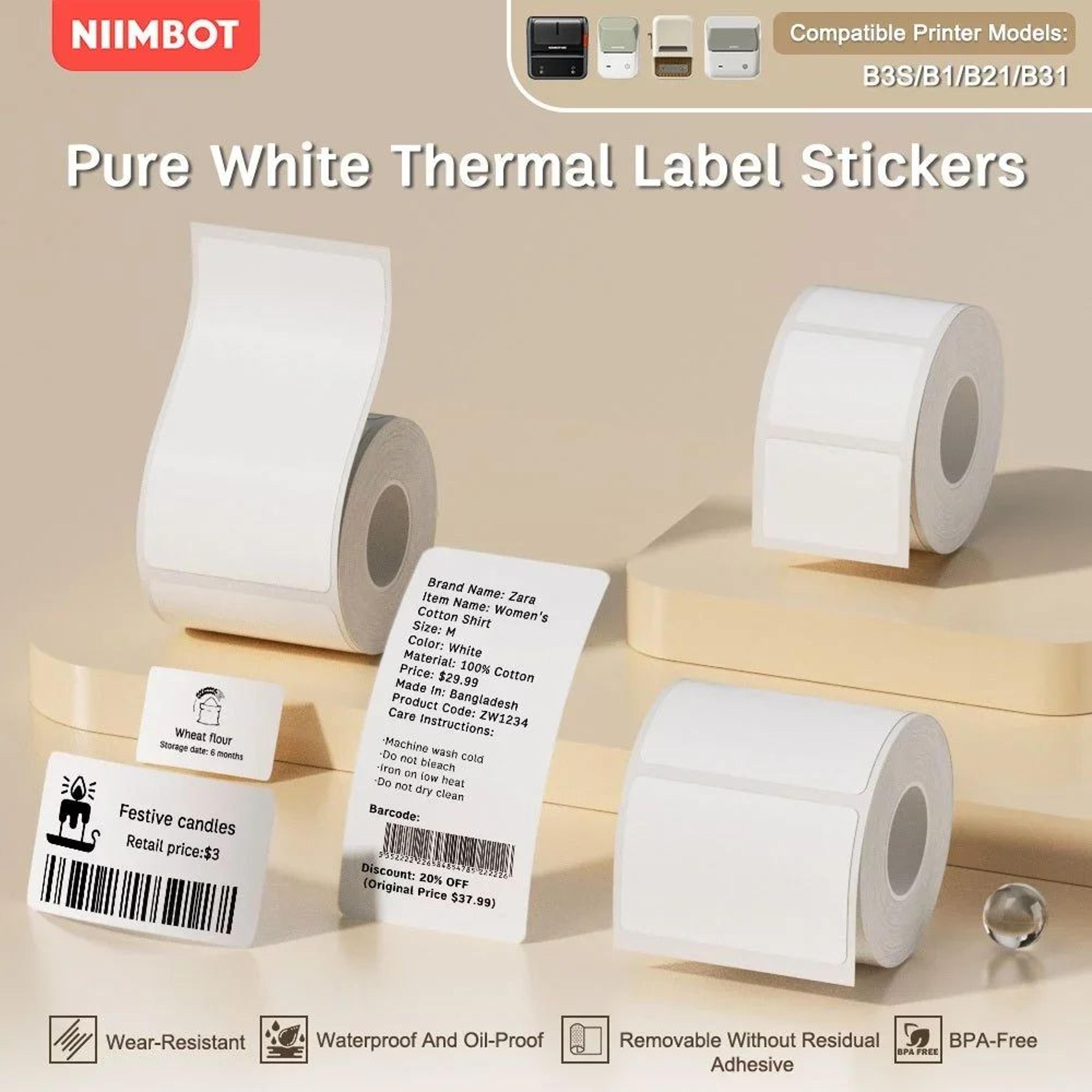 niimbot white thermal sticker labels for b21 b1 and b3s printers