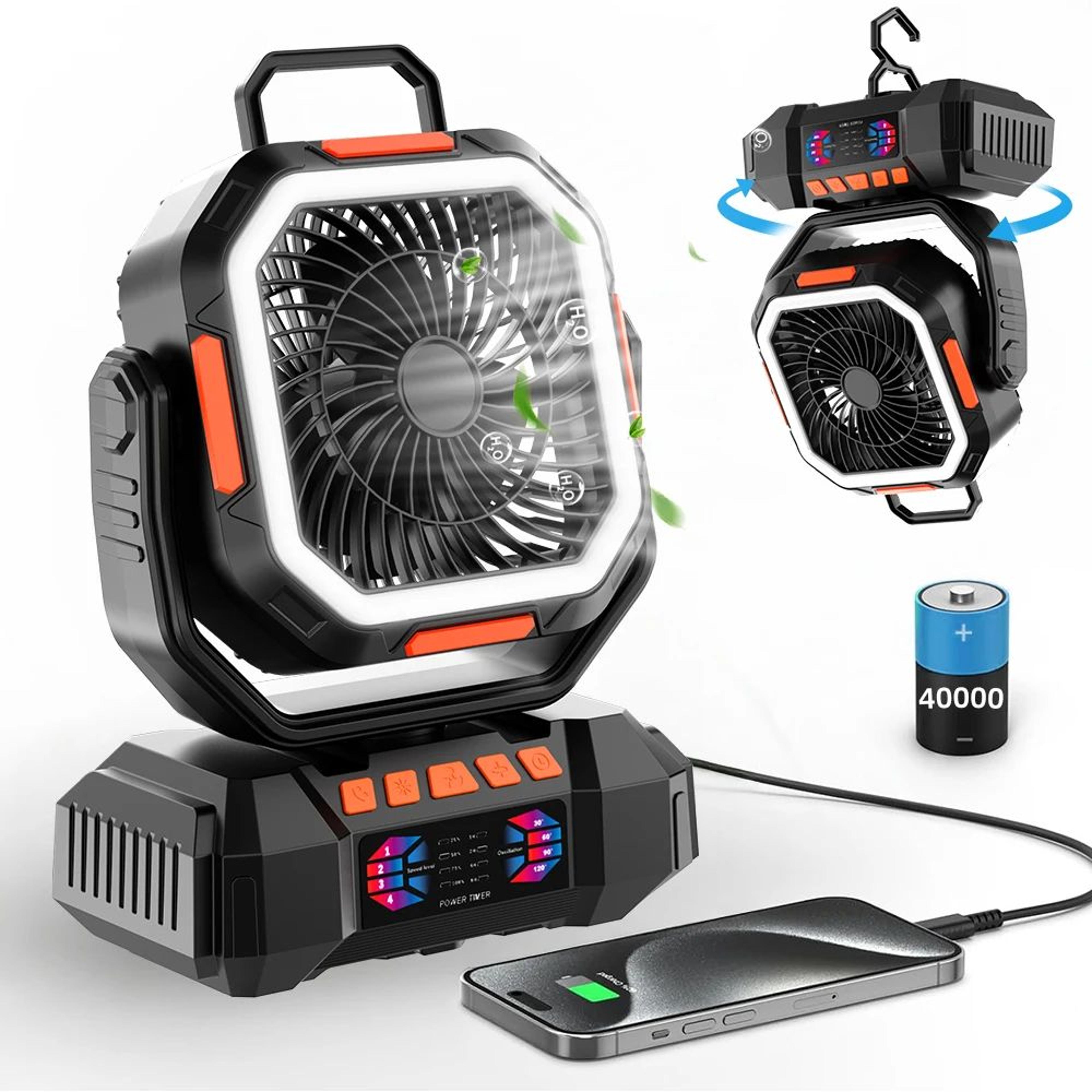 40000mah rechargeable camping fan with led light and power bank