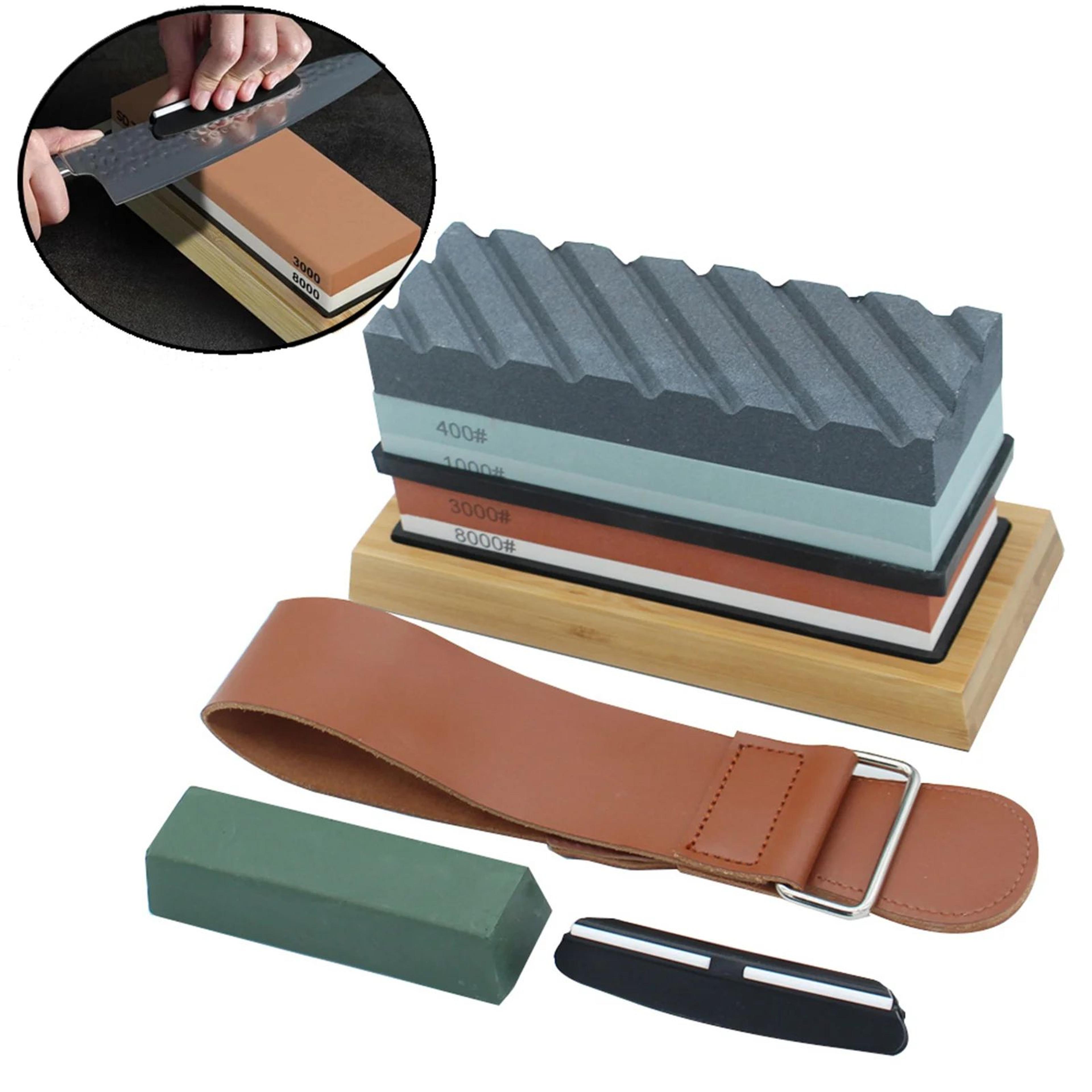 dual sided knife sharpening stone kit with bamboo base and angle guide