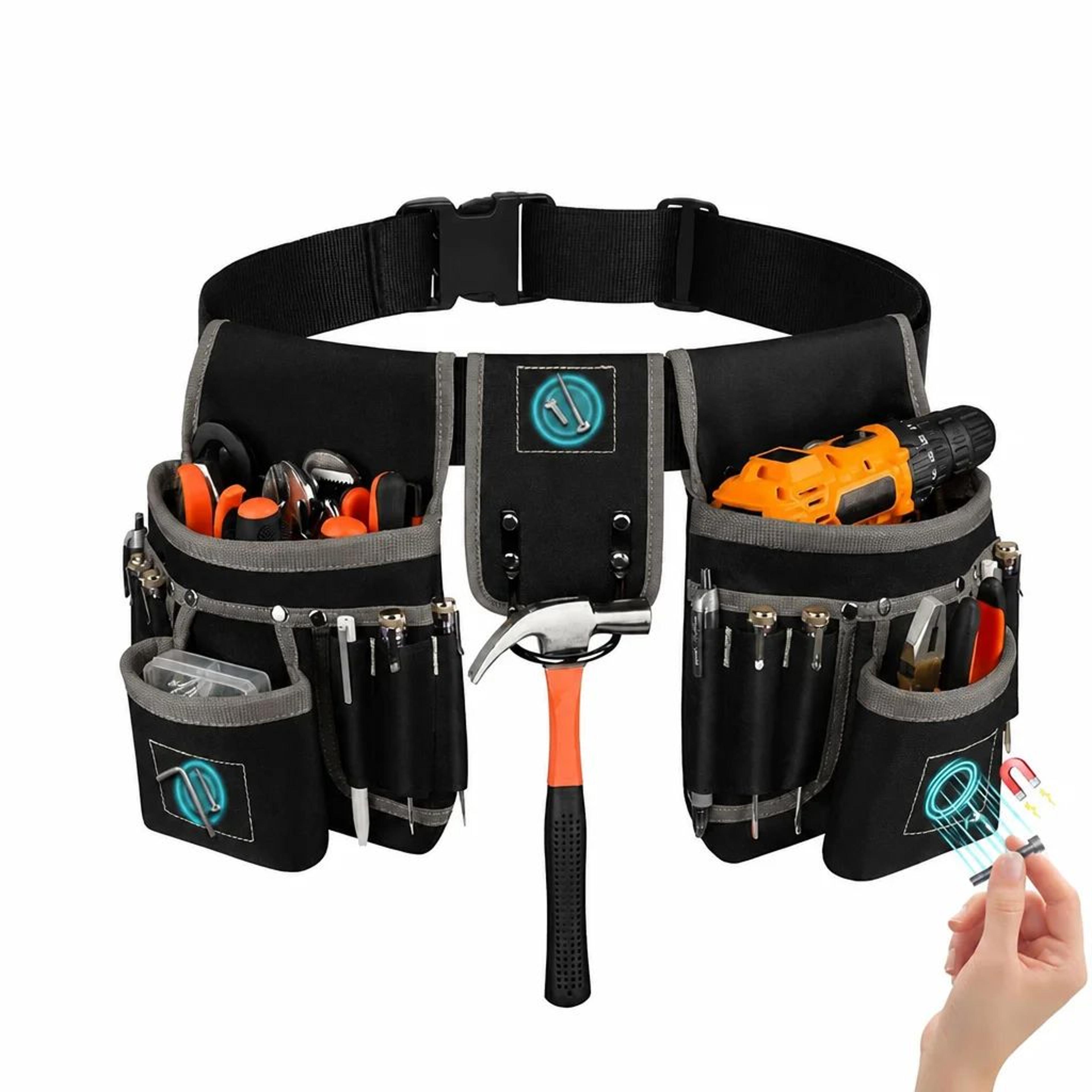 heavy duty tool belt with adjustable waist and detachable work pouches