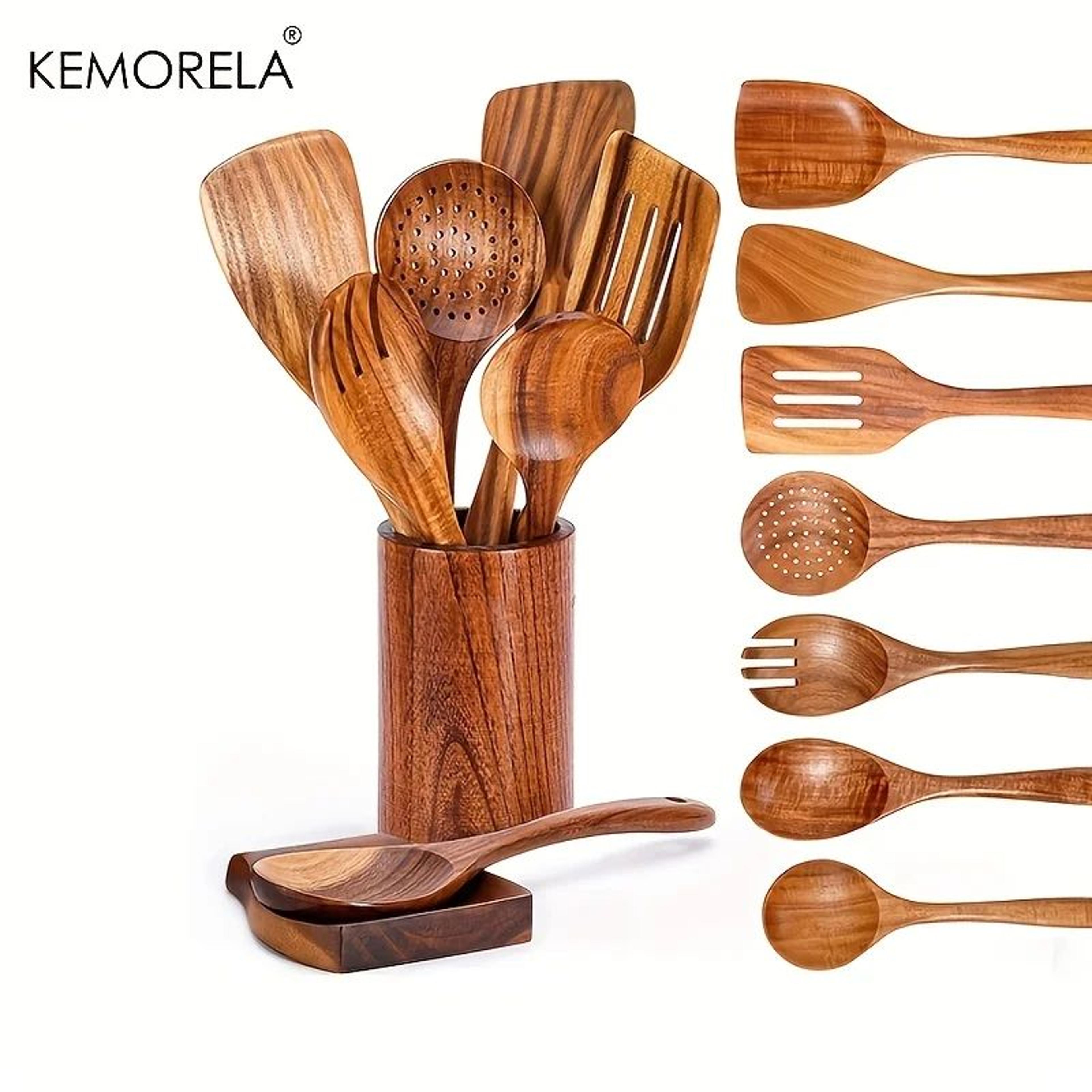 9 piece teak wood cooking utensil set with holder