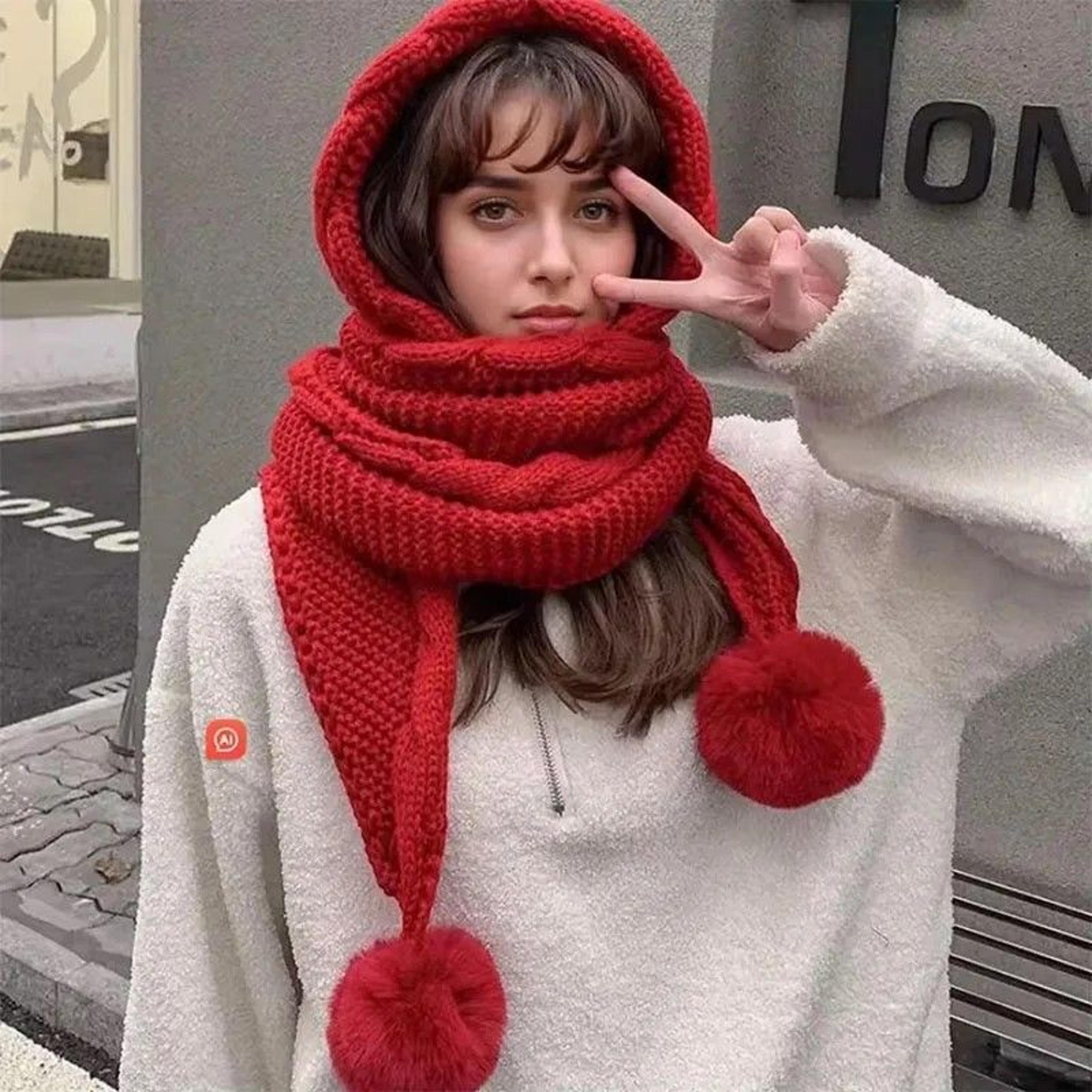 frostluxe womens thermal knit pom beanie & integrated balaclava scarf set