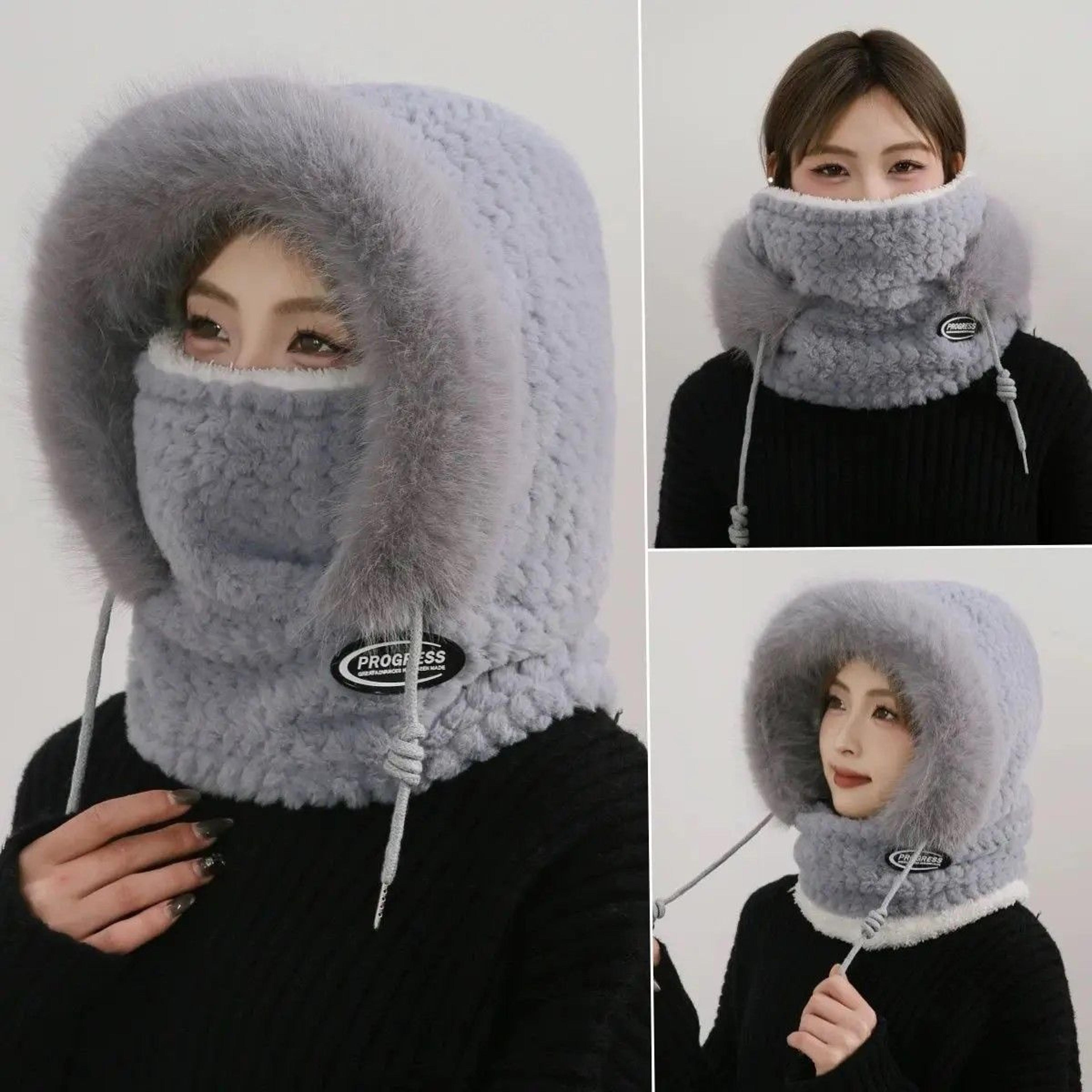 cozyshield womens 3-in-1 winter thermal plush hood, scarf mask, windproof ear-protection hat